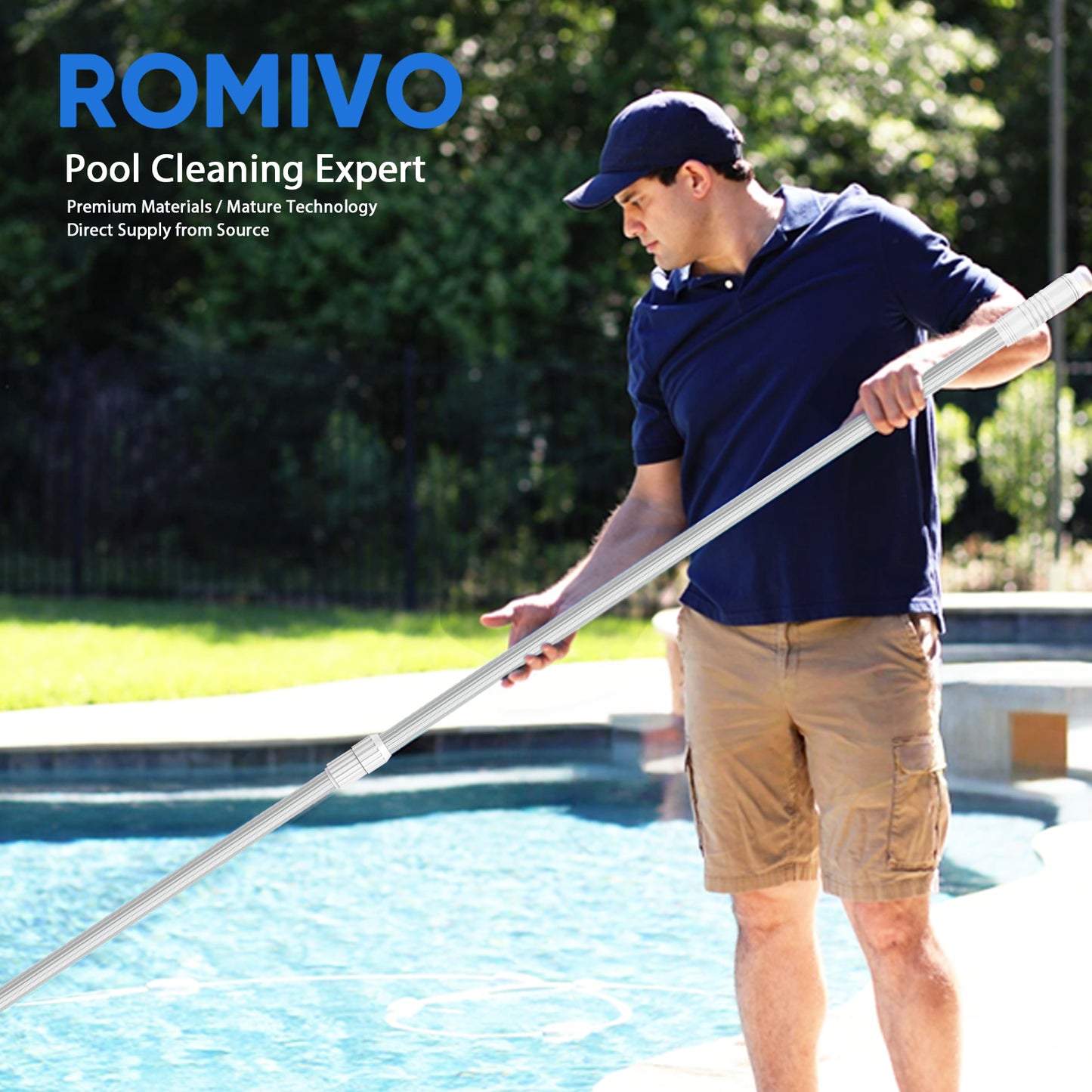 ROMIVO Telescopic Pool Pole, 12 ft Pool Skimmer Pole, Adjustable 3 Piece Aluminum Pool Net Pole, Telescoping Pool Brush Pole, Pool Cleaning Pole, Heavy Duty Swimming Pool Poles
