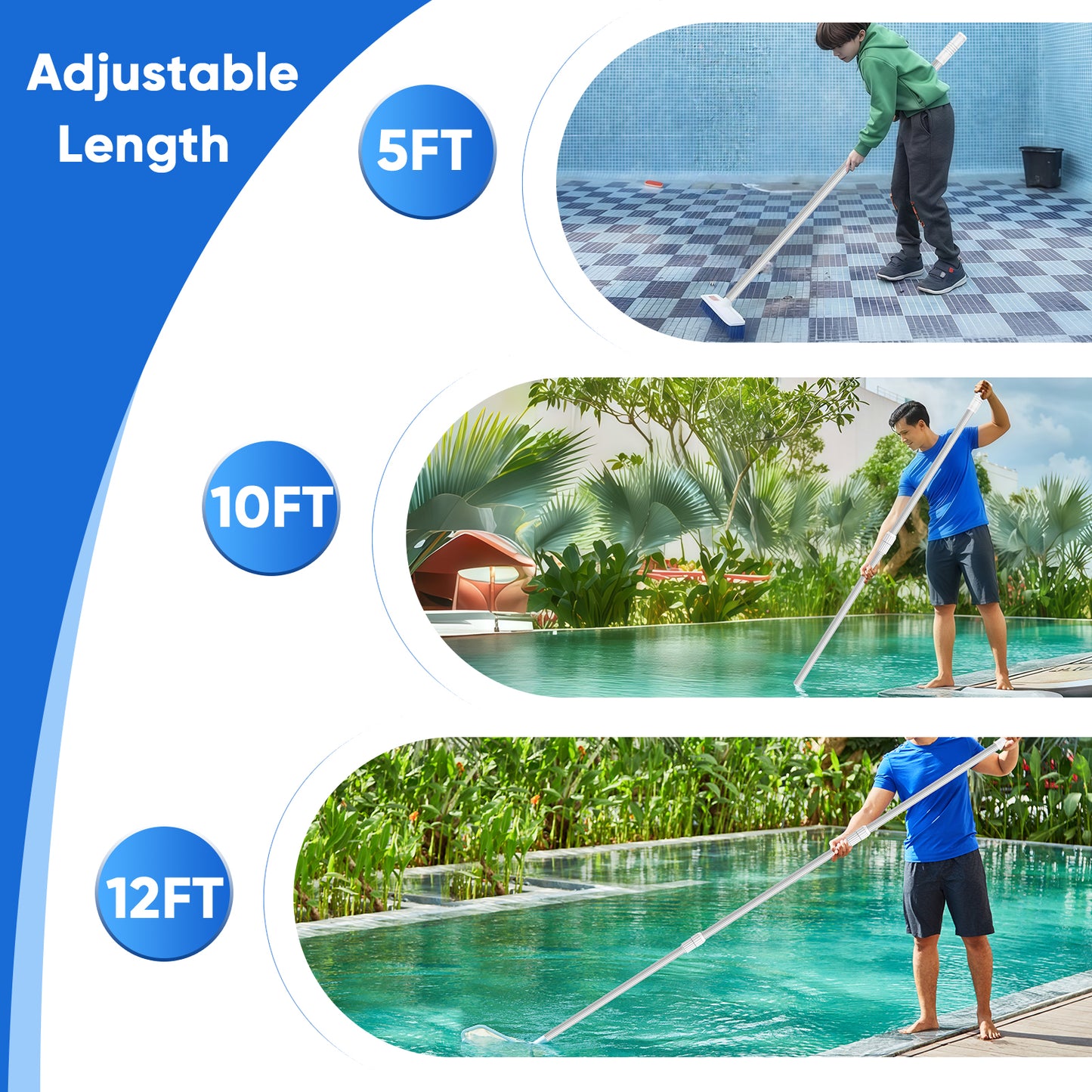 ROMIVO Telescopic Pool Pole, 12 ft Pool Skimmer Pole, Adjustable 3 Piece Aluminum Pool Net Pole, Telescoping Pool Brush Pole, Pool Cleaning Pole, Heavy Duty Swimming Pool Poles