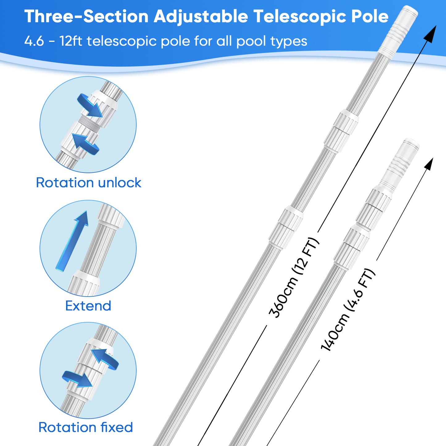 ROMIVO Telescopic Pool Pole, 12 ft Pool Skimmer Pole, Adjustable 3 Piece Aluminum Pool Net Pole, Telescoping Pool Brush Pole, Pool Cleaning Pole, Heavy Duty Swimming Pool Poles