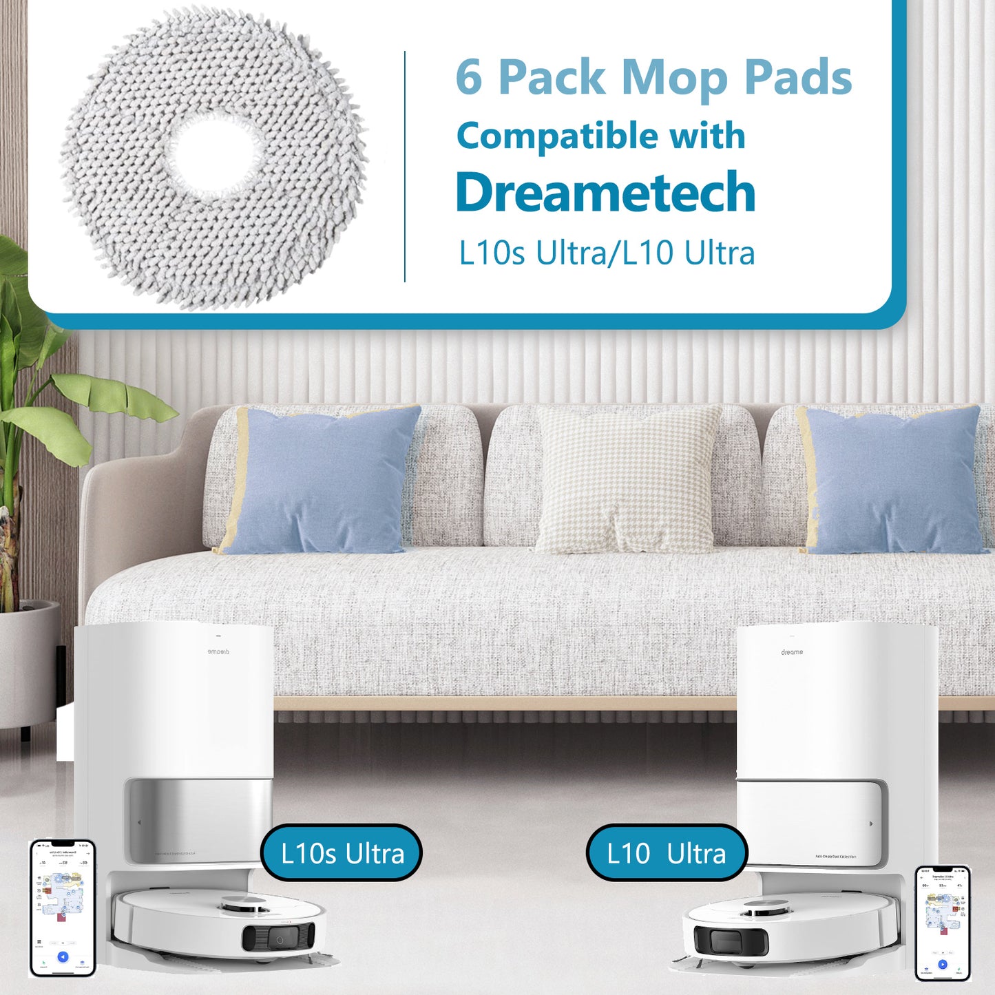 6 Pack Mop Cloth Pads Replacement for Dreame L10s Ultra / L10 Ultra / X40 Ultra Robot Vacuum Cleaner Parts, Wet Mopping Pads Compatible with Dreametech X30 Ultra, Reusable and Washable Accessories