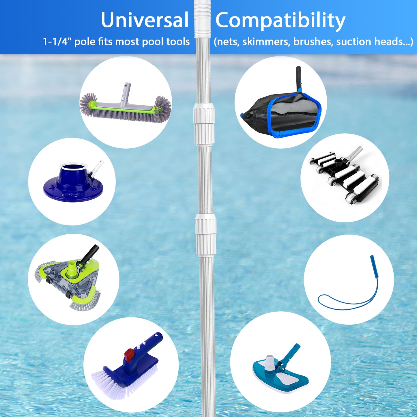 ROMIVO Telescopic Pool Pole, 12 ft Pool Skimmer Pole, Adjustable 3 Piece Aluminum Pool Net Pole, Telescoping Pool Brush Pole, Pool Cleaning Pole, Heavy Duty Swimming Pool Poles