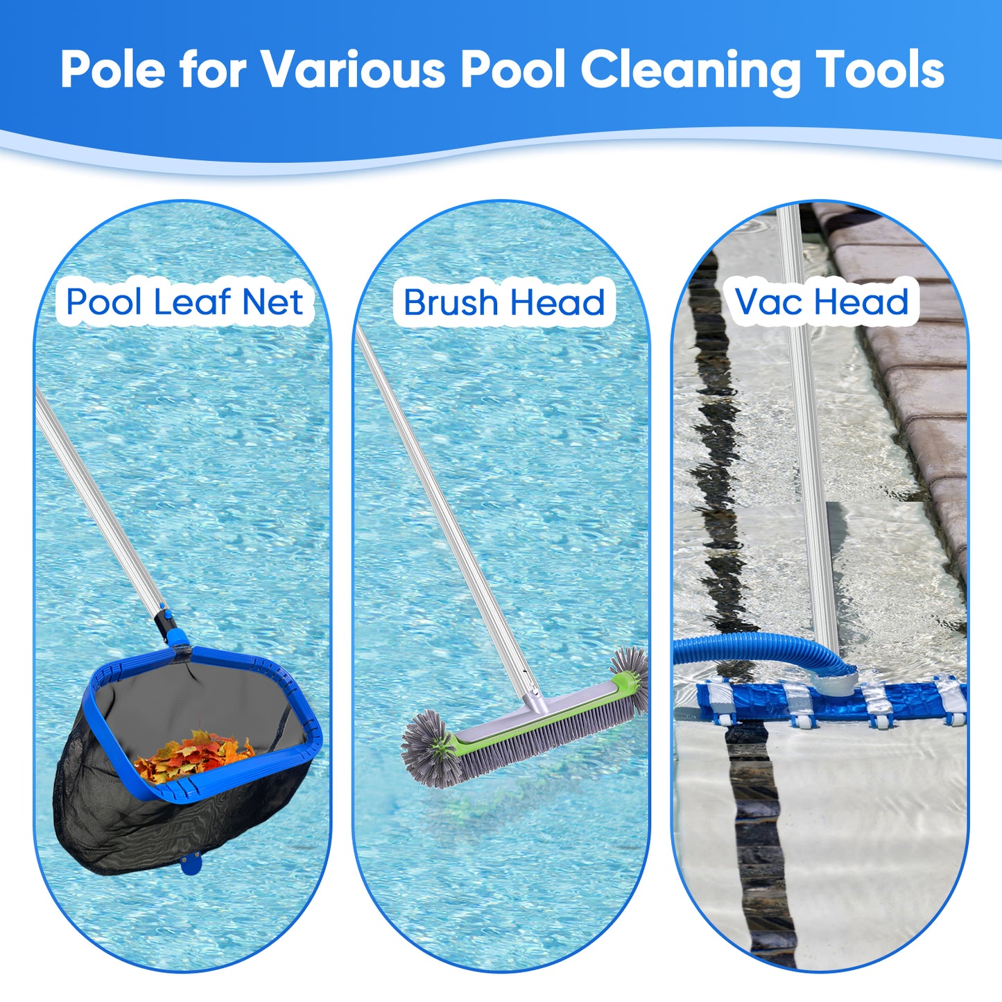 ROMIVO Telescopic Pool Pole, 12 ft Pool Skimmer Pole, Adjustable 3 Piece Aluminum Pool Net Pole, Telescoping Pool Brush Pole, Pool Cleaning Pole, Heavy Duty Swimming Pool Poles