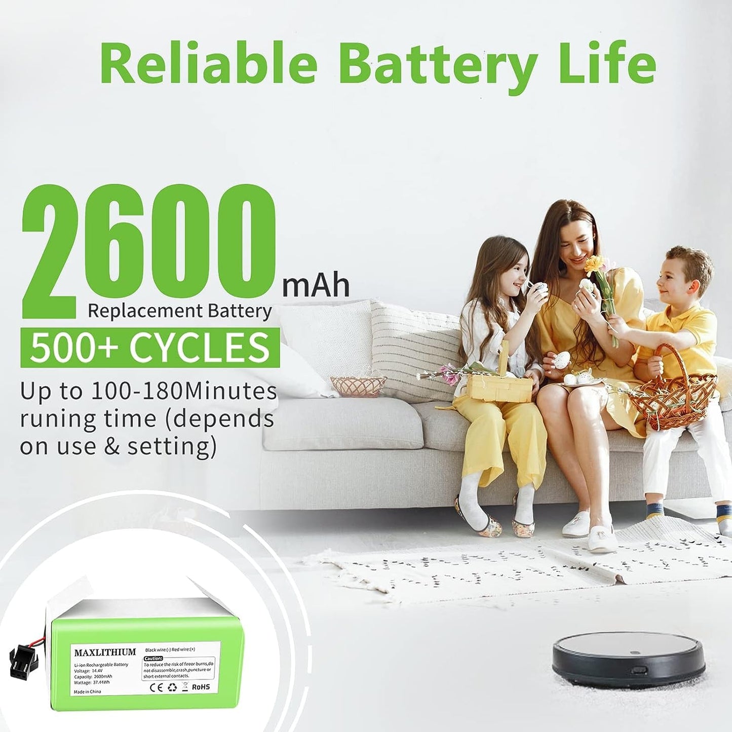 maxlithium 14.4V 2600mAh Replacement Battery Compatible with Ecovacs Deebot N79S DN622 Eufy RoboVac 11 11S 11S MAX 15C 25C 30C 35C G10 Hybrid G30