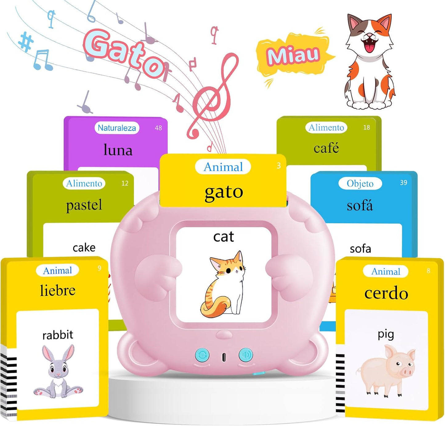 AHJ Tarjetas Flash Parlantes Español, Juegos Educativos Niños 2-6 Años, 112 Hojas, 224 Palabras en Español, Juguete Montessori, 3 Modo de Idioma: Español/Inglés/Bilingüe (Rosa)