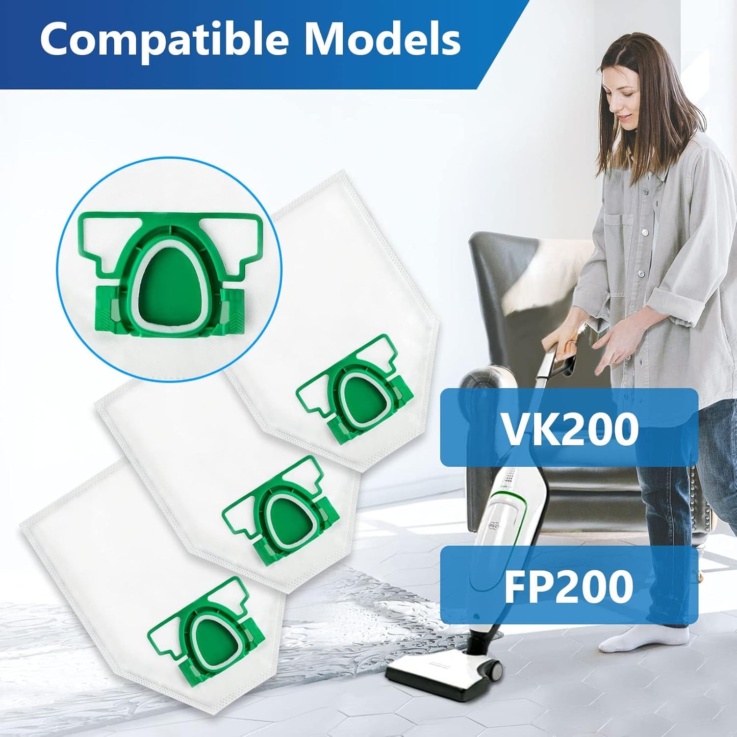 ROMIVO Vacuum Cleaner Bags Compatible with Vorwerk Kobold VK200 FP200, 5-Ply Microfleece Dust Bags, Premium Bag Suitable for Vorwerk Kobold VK 200 FP 200 (with 1 Brush)
