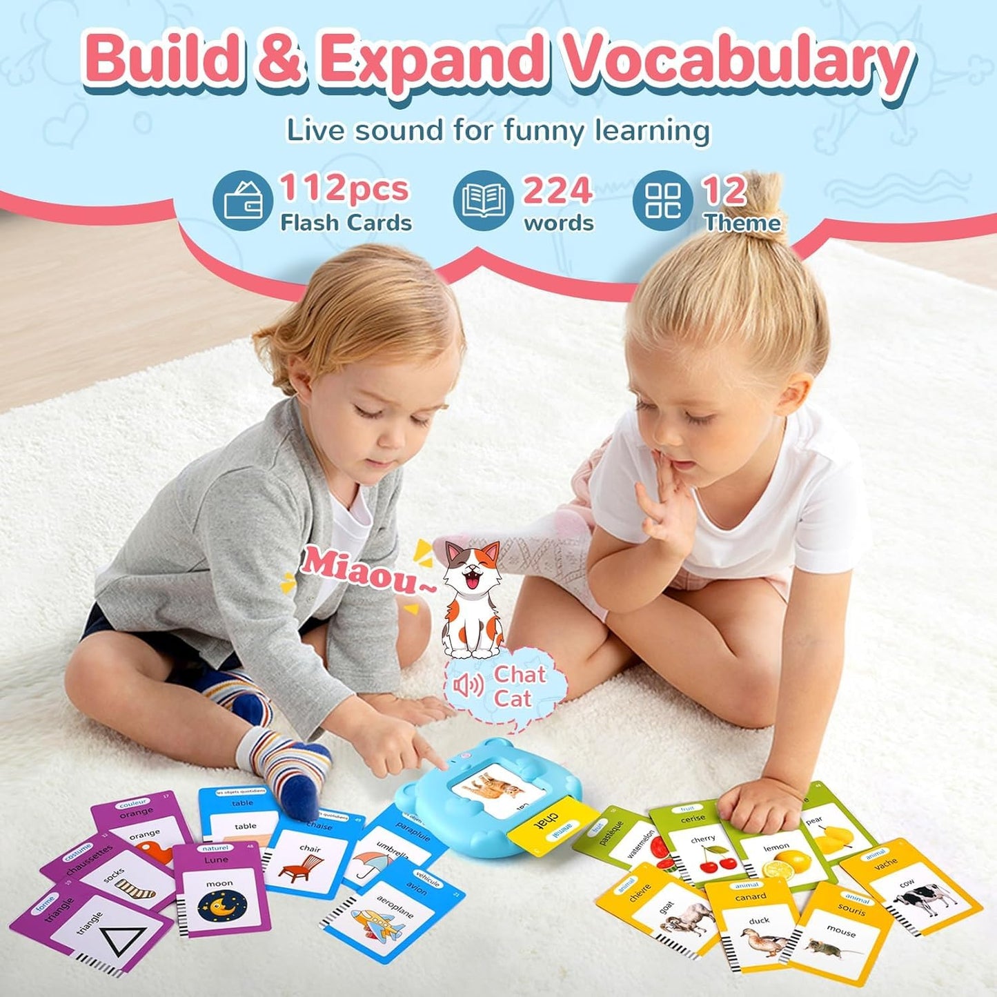 AHJ Kids Toddler Talking Flash Cards with 224 Sight Words, Learning Educational Toys for Toddler, Montessori Toys, Speech Therapy Toys, Birthday Gifts for Age 1 2 3 4 5 Years Old Boys and Girls, Blue
