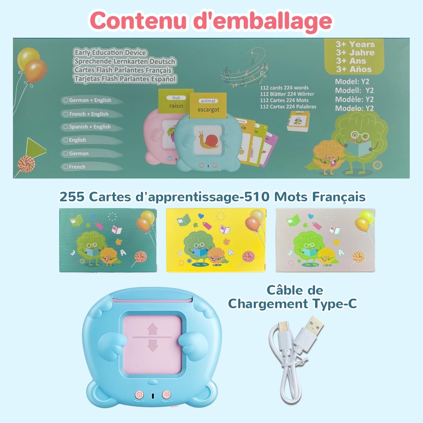 510 Mots Carte Parlante Montessori en Français, Cartes Flash Parlantes Français pour Enfants, Carte Apprentissage Mot Bébé, Jouet Éducatif Enfants pour Cadeau de Fille ou Garcon de 2 à 6 Ans-Bleu
