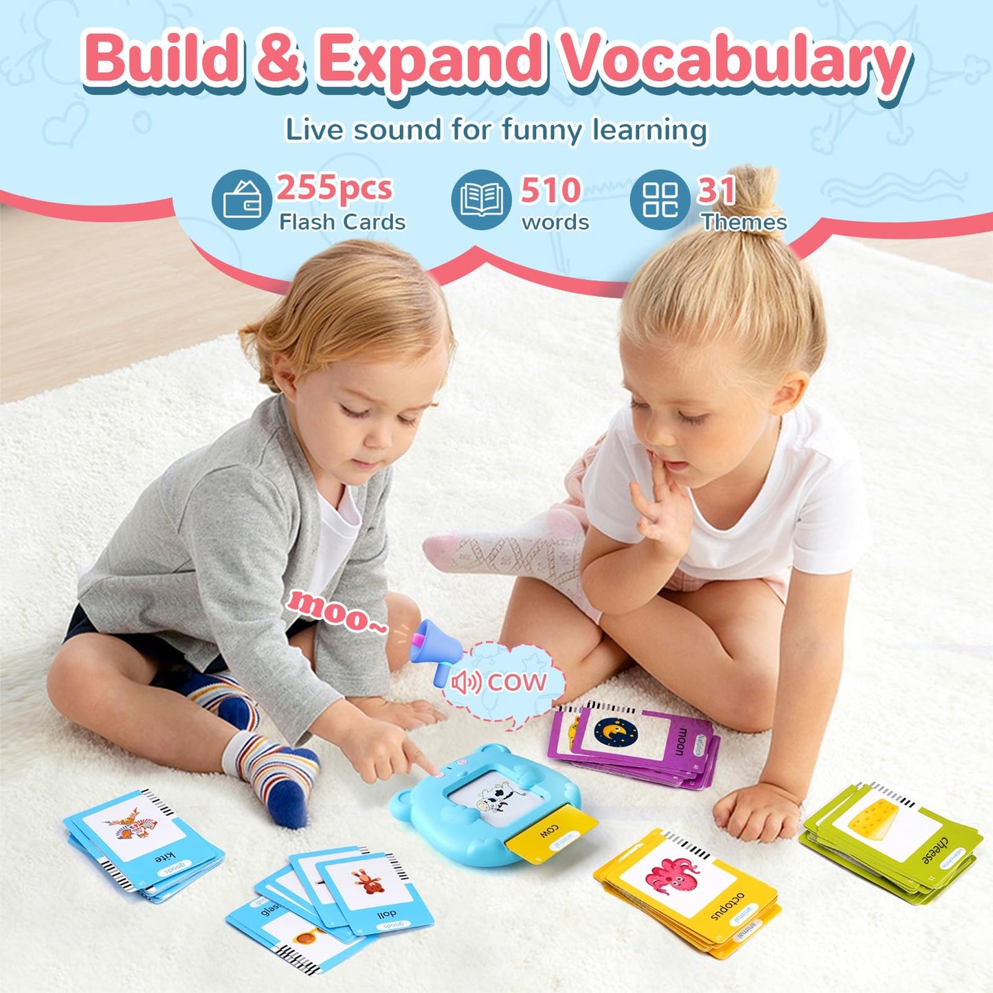 Kids Toddler Talking Flash Cards with 510 English Sight Words, Learning Montessori Toys, Speech Therapy Toys, Learning Educational Toys, Birthday Gifts for Age 1 2 3 4 5 6 Year Old Boys and Girls