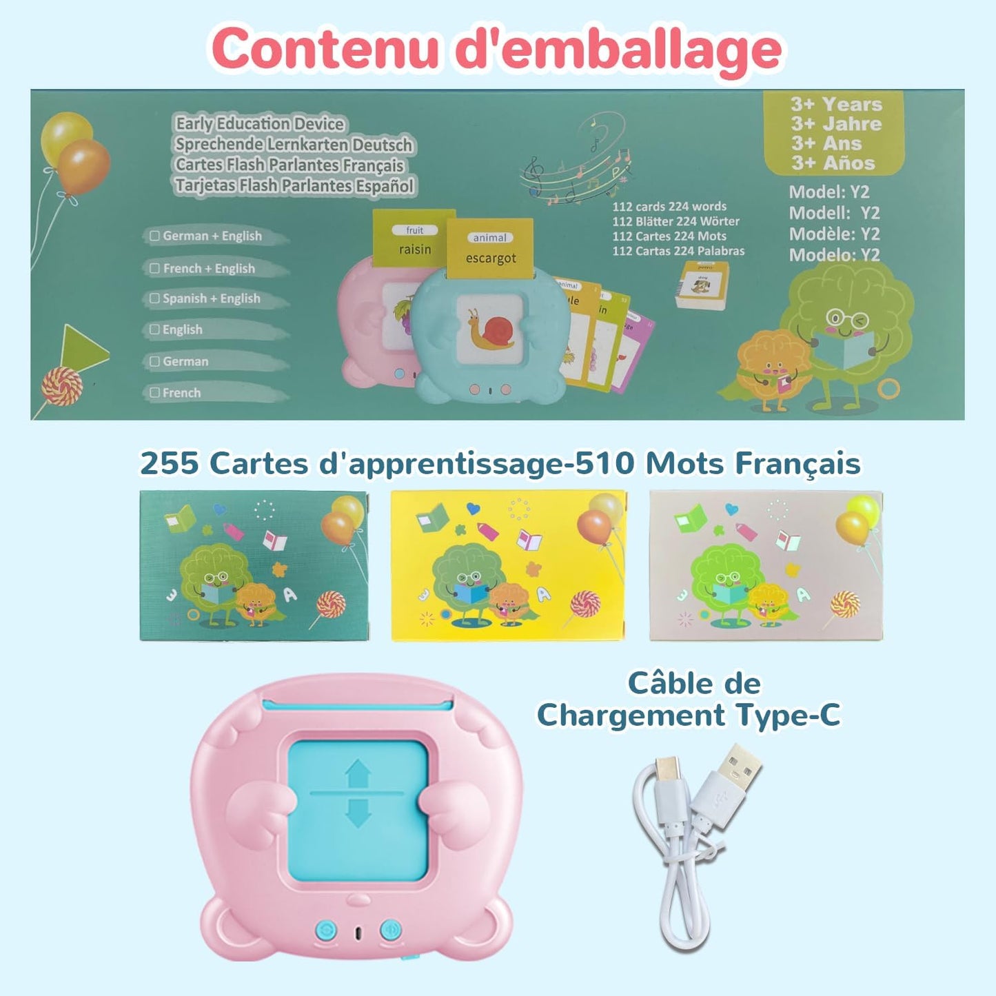 510 Mots Carte Parlante Montessori en Français, Cartes Flash Parlantes Français pour Enfants, Carte Apprentissage Mot Bébé, Jouet Éducatif Enfants pour Cadeau de Fille ou Garcon de 2 à 6 Ans-Rose