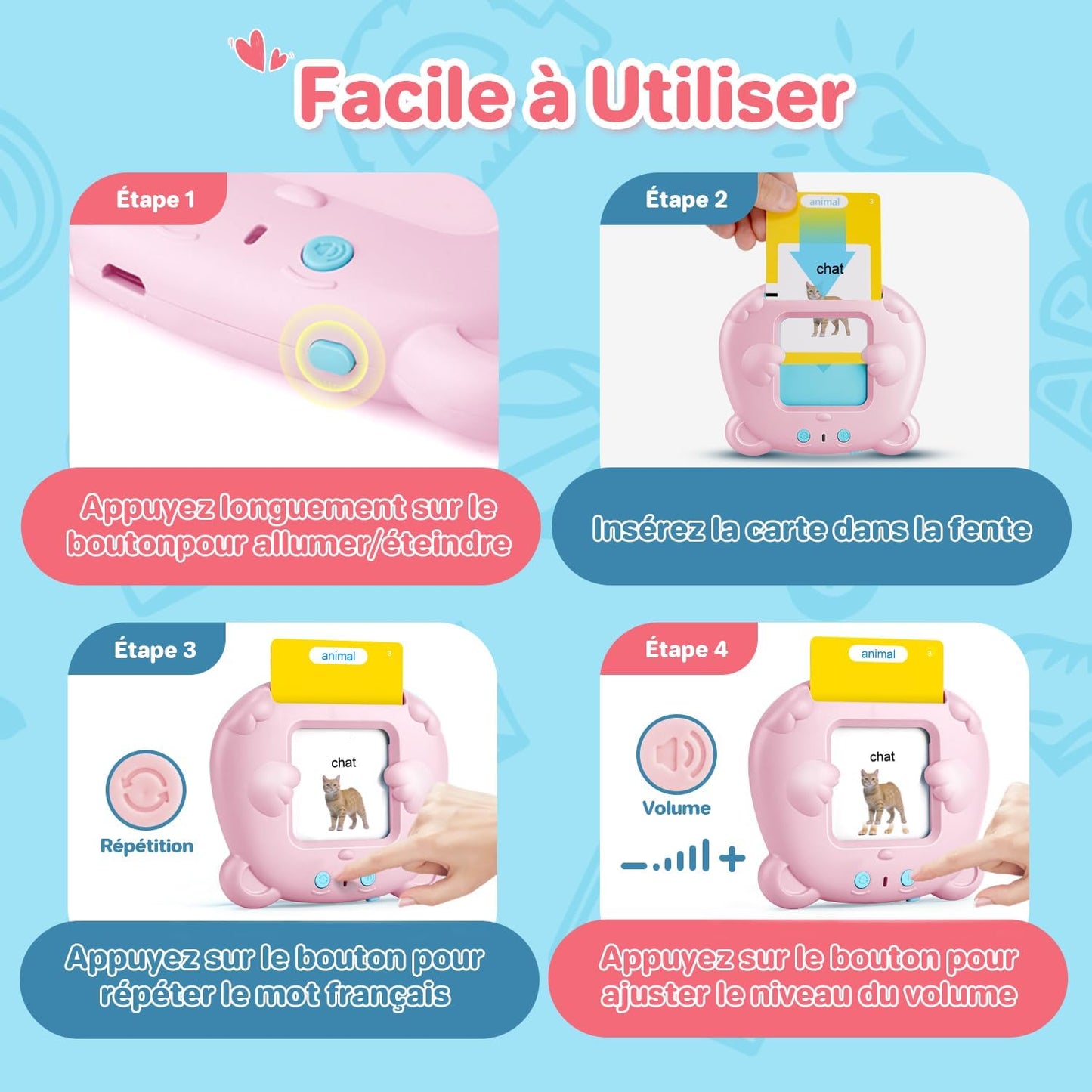510 Mots Carte Parlante Montessori en Français, Cartes Flash Parlantes Français pour Enfants, Carte Apprentissage Mot Bébé, Jouet Éducatif Enfants pour Cadeau de Fille ou Garcon de 2 à 6 Ans-Rose