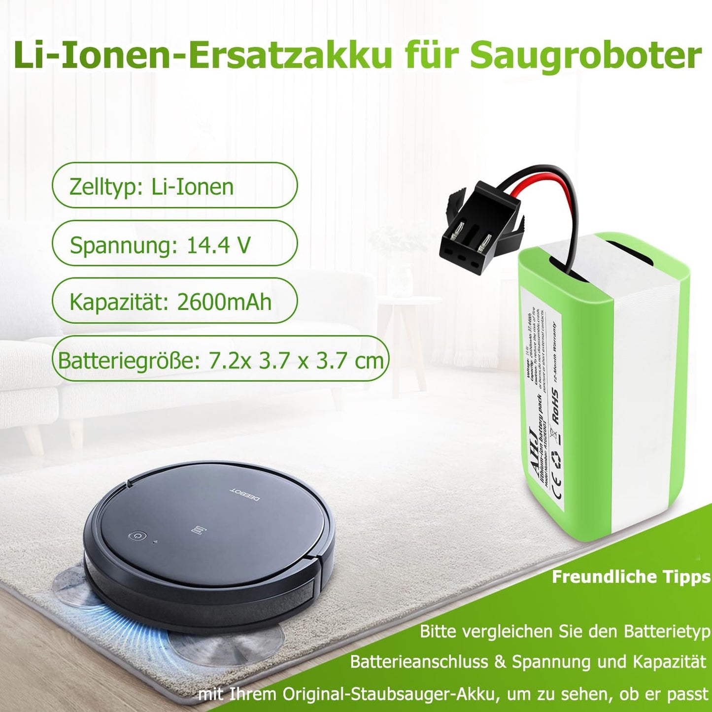 AHJ 14.4V 2600mAh Ersatzakku für Eufy RoboVac G10 G20 G30 G35 G40 Hybrid, für Eufy 11 11S 11S MAX 15C 15C MAX 25C 25C Max 30 30C 30 Max 35C, für Ecovacs Deebot N79 N79S DN622, für Tesvor X500 Akku