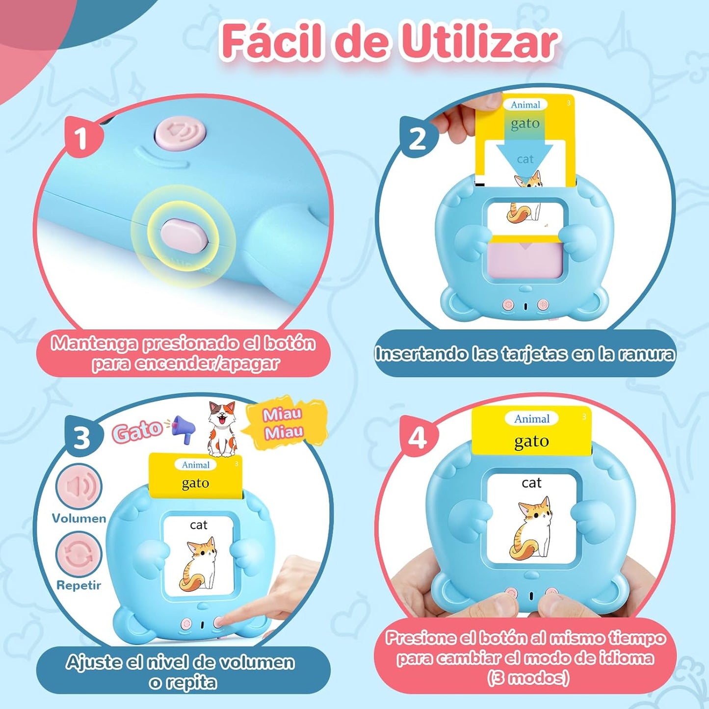 AHJ Tarjetas Flash Parlantes Español, Juegos Educativos Niños 2-6 Años, 112 Hojas, 224 Palabras en Español, Juguete Montessori, 3 Modo de Idioma: Español/Inglés/Bilingüe (Azul)