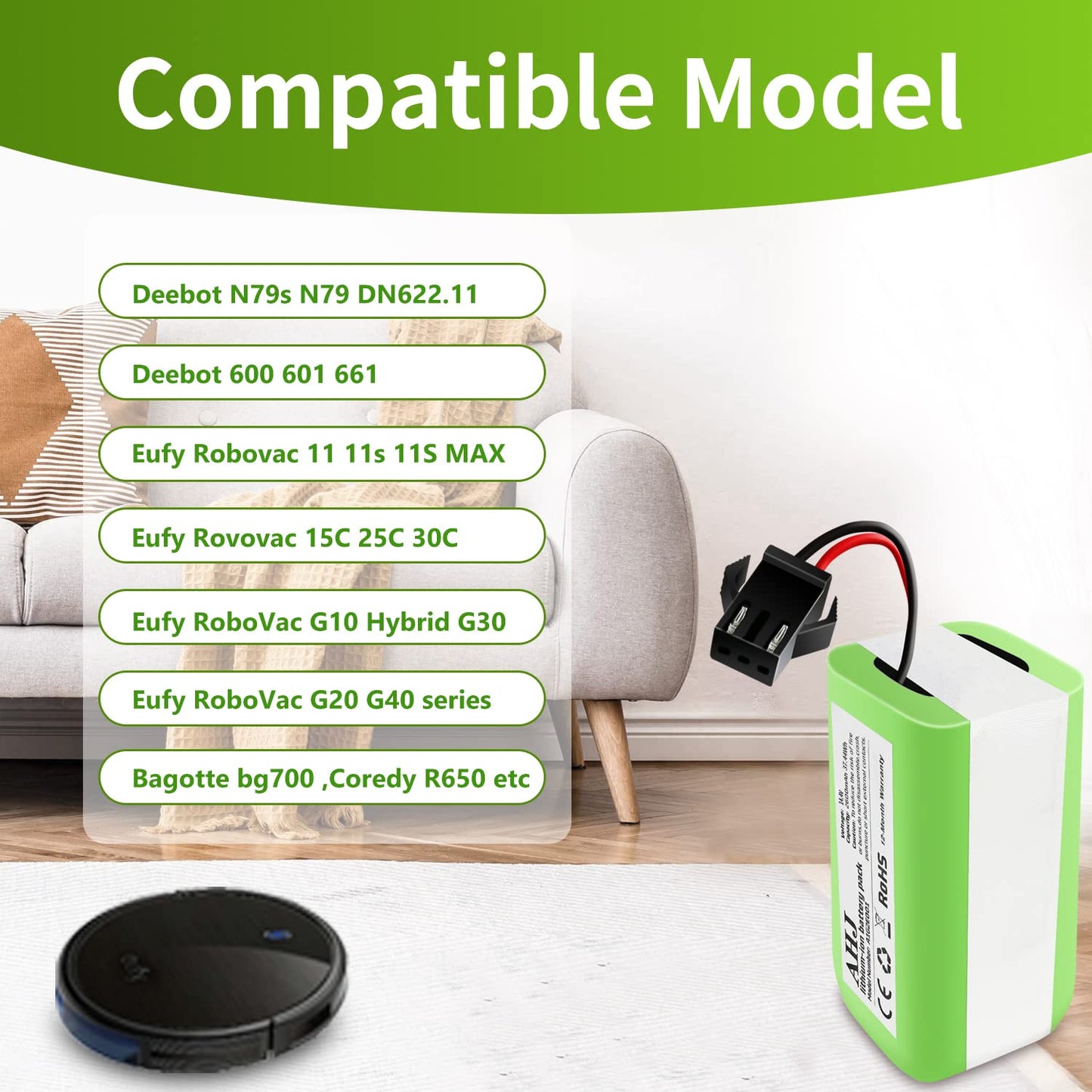 AHJ Replacement Battery 14.4V 2600mAh Compatible with Ecovacs Deebot N79S N79 DN622 500 & Eufy RoboVac 11 11S 11S MAX 11C 12 15C 15CMAX 15T 15MAX 25C 30C 30 35C G30 G32PRO G10 Hybrid