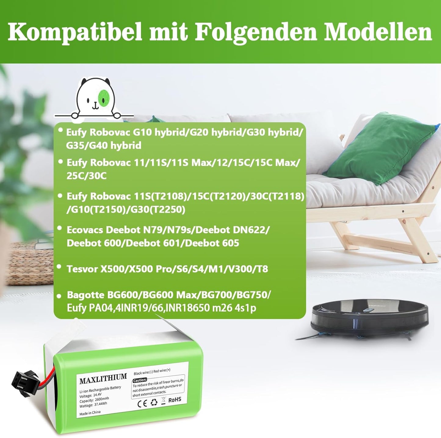14.4V 2600mAh Ersatzakku für Eufy RoboVac G10 G20 G30 G35 G40 Hybrid, für RoboVac 11 11S 11S MAX 12 15C 15C Max 25C Max 30 30C 30 Max 35C, für Ecovacs Deebot N79 N79S DN622, für Tesvor X500 Akku