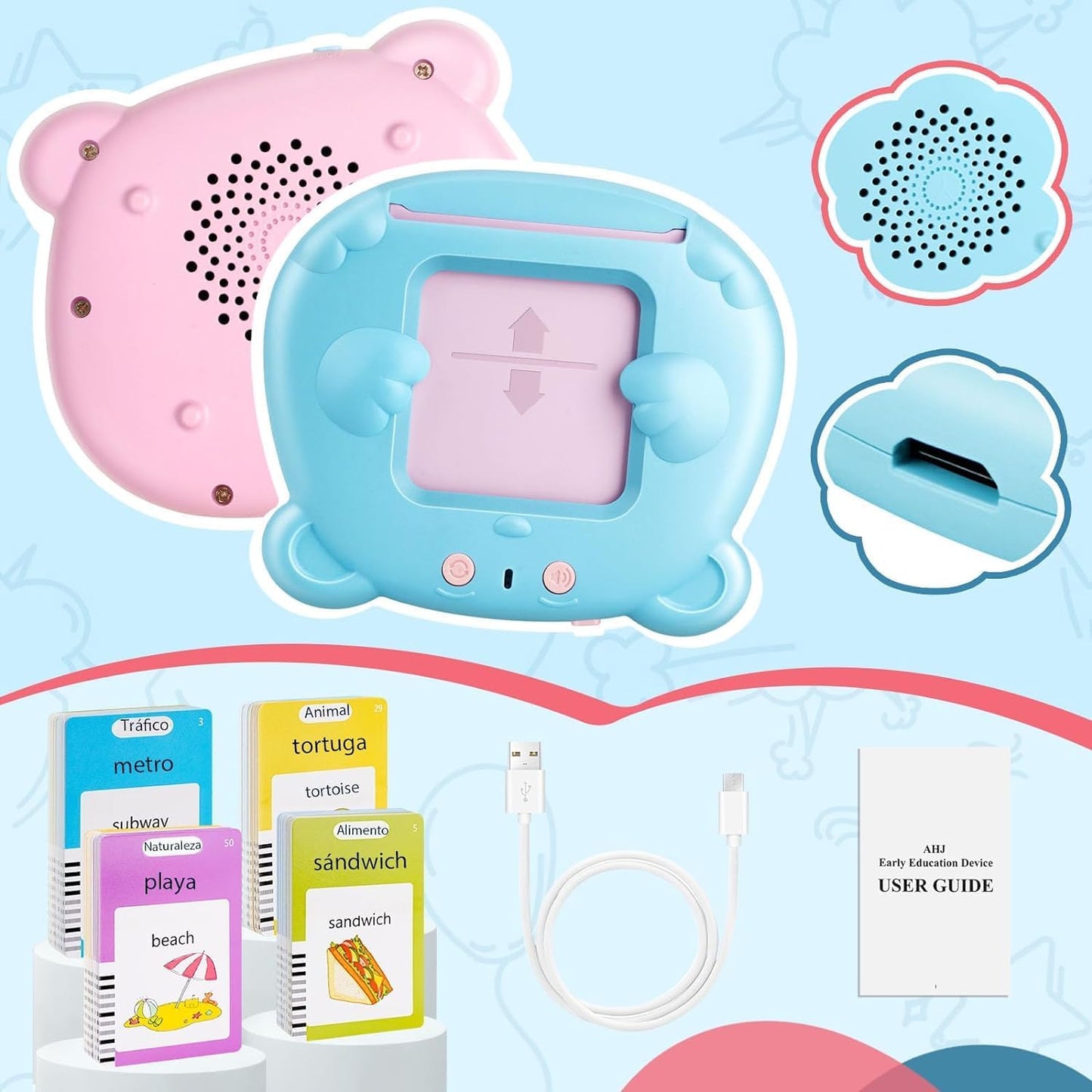 AHJ Tarjetas Flash Parlantes Español, Juegos Educativos Niños 2-6 Años, 112 Hojas, 224 Palabras en Español, Juguete Montessori, 3 Modo de Idioma: Español/Inglés/Bilingüe (Azul)