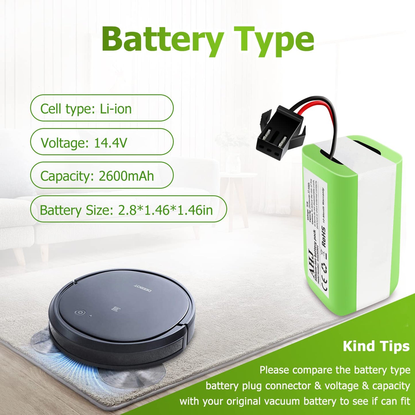 AHJ Replacement Battery 14.4V 2600mAh Compatible with Ecovacs Deebot N79S N79 DN622 500 & Eufy RoboVac 11 11S 11S MAX 11C 12 15C 15CMAX 15T 15MAX 25C 30C 30 35C G30 G32PRO G10 Hybrid