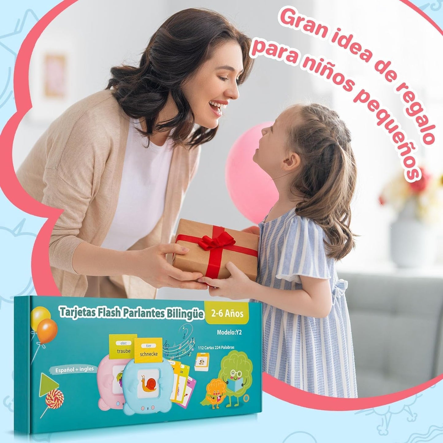 AHJ Tarjetas Flash Parlantes Español, Juegos Educativos Niños 2-6 Años, 112 Hojas, 224 Palabras en Español, Juguete Montessori, 3 Modo de Idioma: Español/Inglés/Bilingüe (Azul)