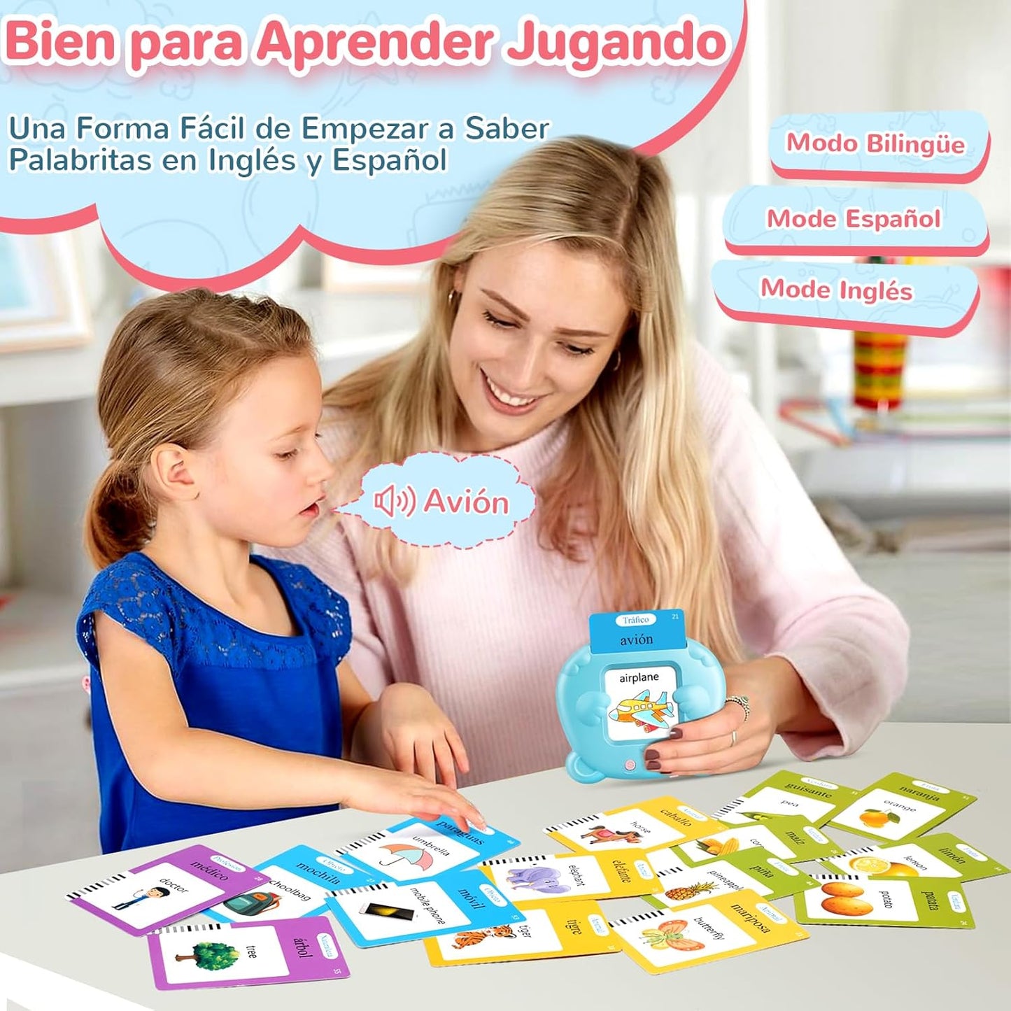 AHJ Tarjetas Flash Parlantes Español, Juegos Educativos Niños 2-6 Años, 112 Hojas, 224 Palabras en Español, Juguete Montessori, 3 Modo de Idioma: Español/Inglés/Bilingüe (Azul)