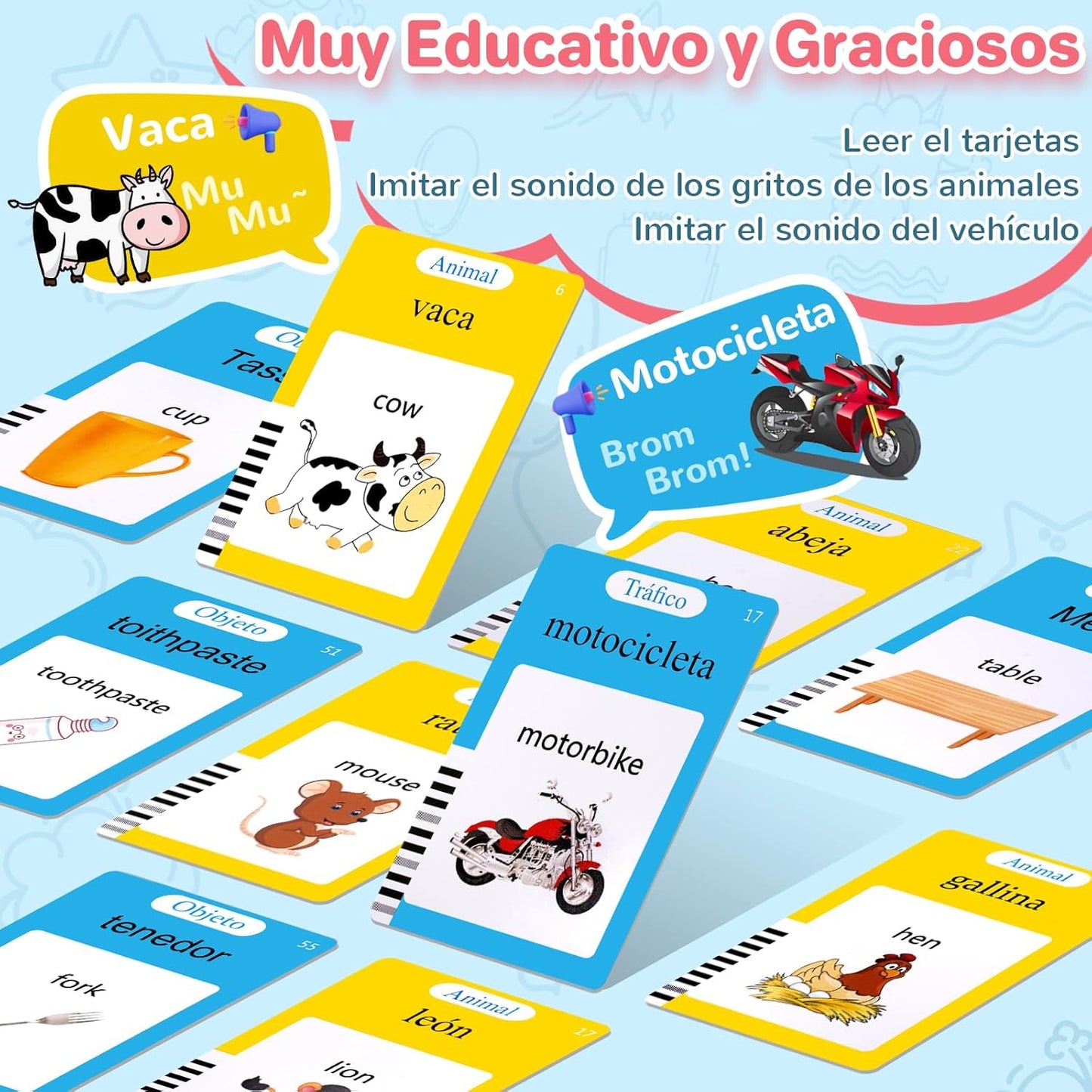AHJ Tarjetas Flash Parlantes Español, Juegos Educativos Niños 2-6 Años, 112 Hojas, 224 Palabras en Español, Juguete Montessori, 3 Modo de Idioma: Español/Inglés/Bilingüe (Rosa)