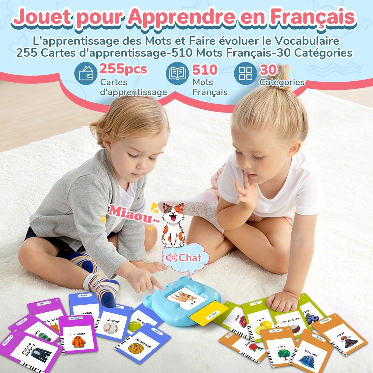 510 Mots Carte Parlante Montessori en Français, Cartes Flash Parlantes Français pour Enfants, Carte Apprentissage Mot Bébé, Jouet Éducatif Enfants pour Cadeau de Fille ou Garcon de 2 à 6 Ans-Bleu