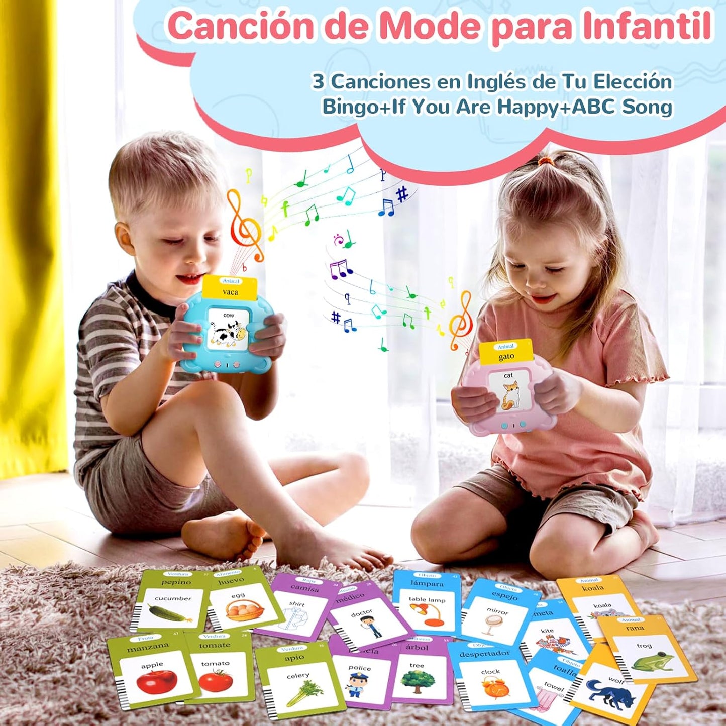 AHJ Tarjetas Flash Parlantes Español, Juegos Educativos Niños 2-6 Años, 112 Hojas, 224 Palabras en Español, Juguete Montessori, 3 Modo de Idioma: Español/Inglés/Bilingüe (Azul)