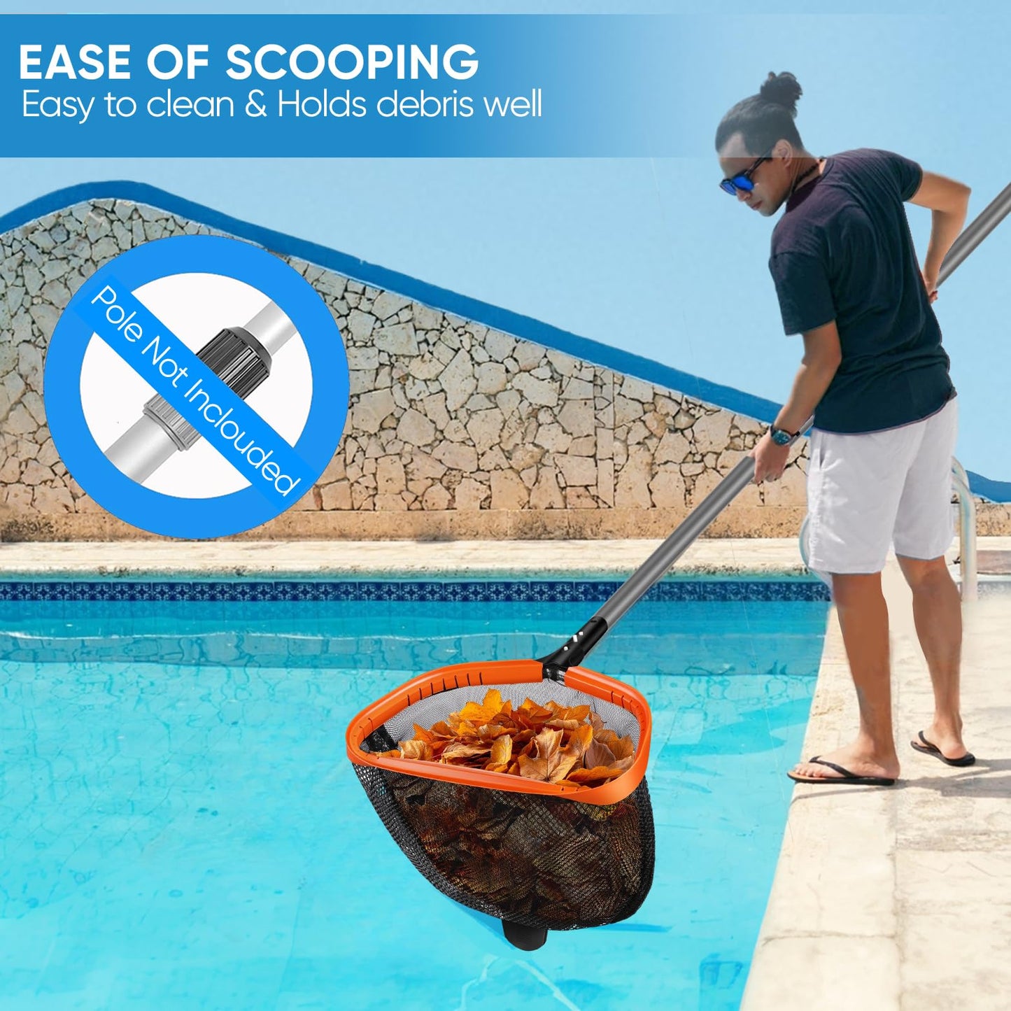 17.5" Pool Net, Pool Skimmer Net with Double-Layer Netting Bag, Aluminum Frame, Deep Nylon Net, Large Capacity Pool Cleaning Net, Leaf Skimmer Rake Net for Above Ground & In-ground Pools (No Pole)