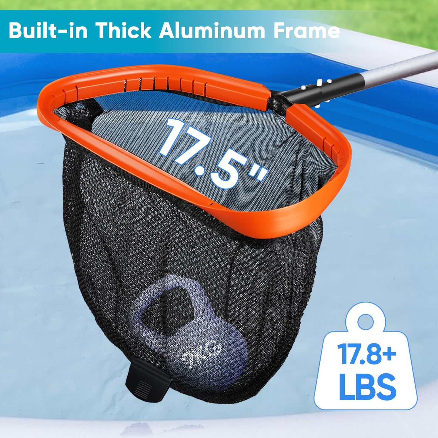 17.5" Pool Net, Pool Skimmer Net with Double-Layer Netting Bag, Aluminum Frame, Deep Nylon Net, Large Capacity Pool Cleaning Net, Leaf Skimmer Rake Net for Above Ground & In-ground Pools (No Pole)