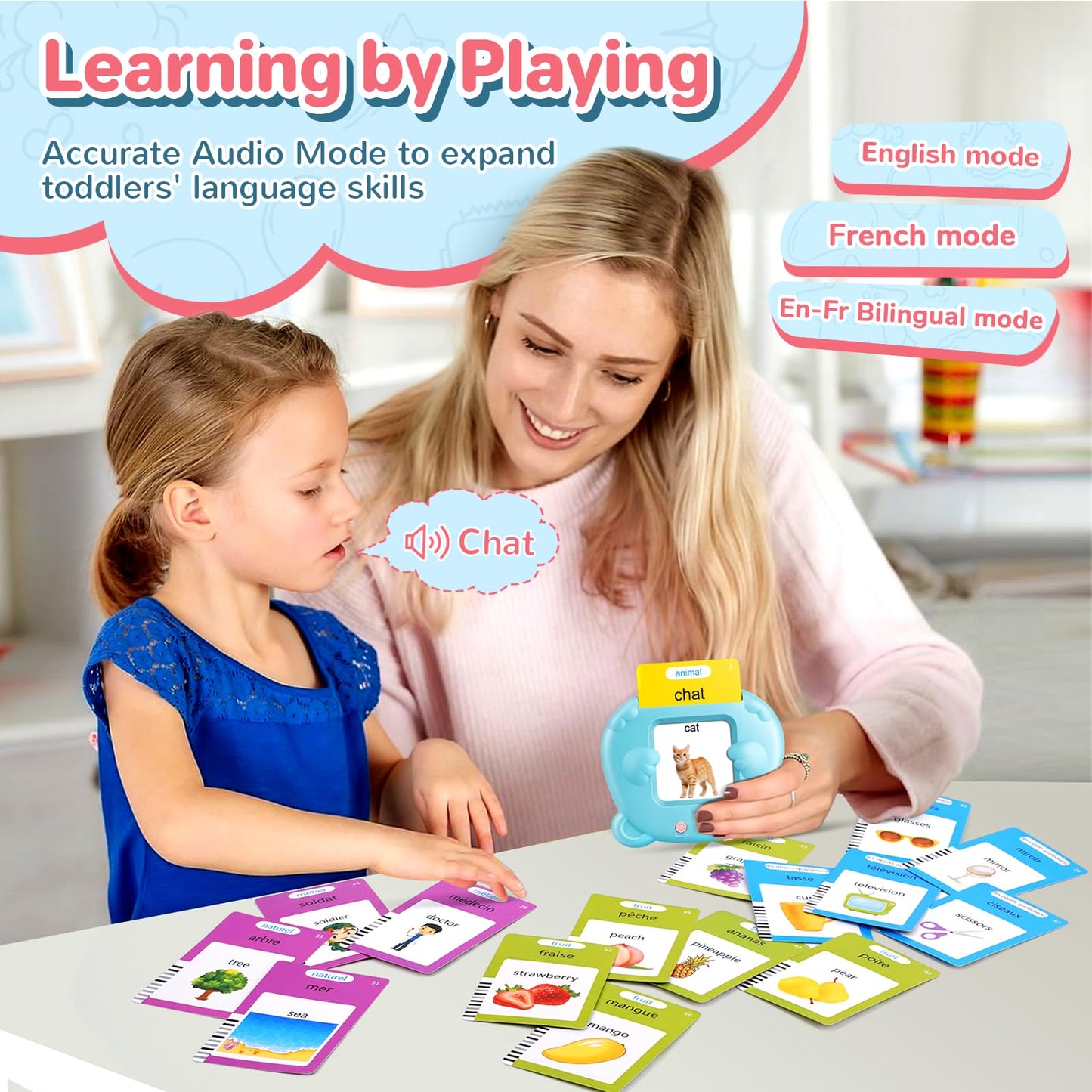 510 Words French & English Talking Flash Cards for Toddlers, Speech Therapy Toys, Preschool Learning Educational Toys, Birthday Gifts for Age 1 2 3 4 5 6 Years Old Boys and Girls