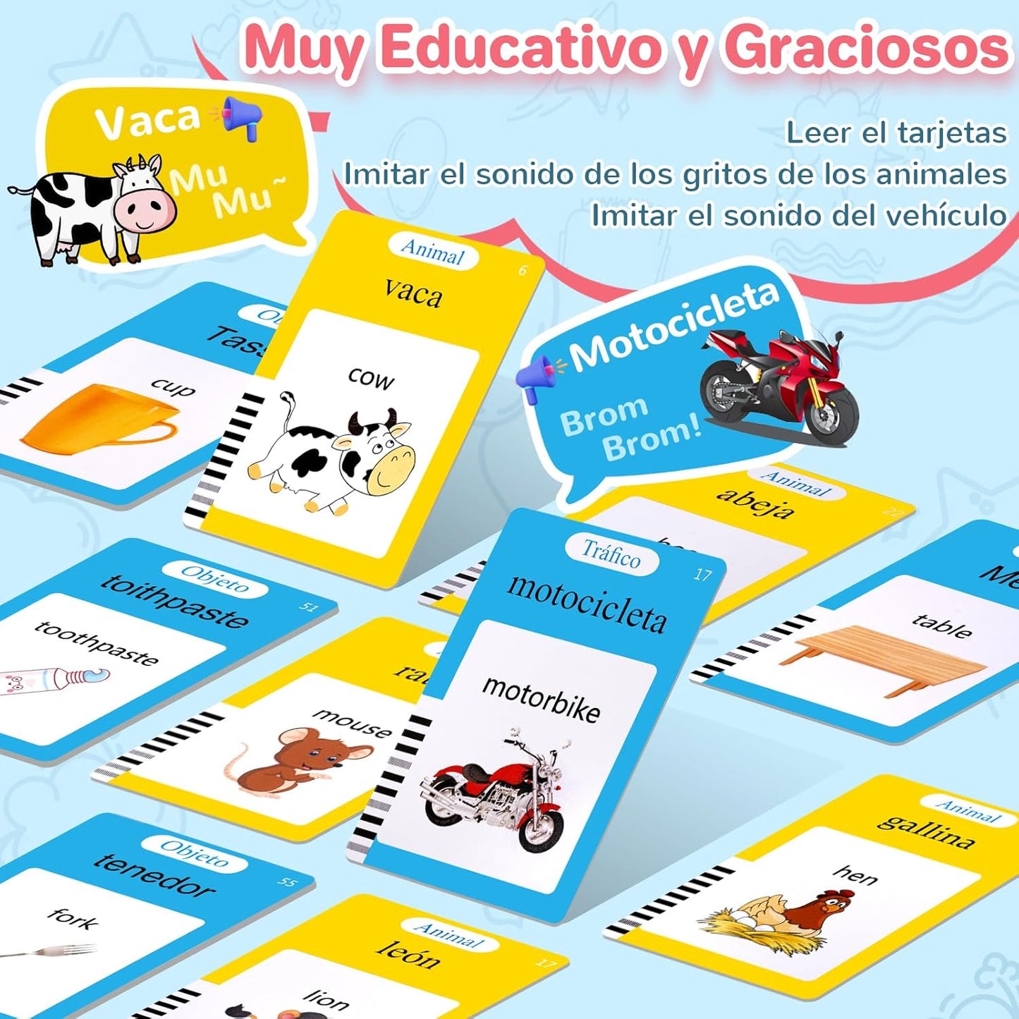 AHJ Tarjetas Flash Parlantes Español, Juegos Educativos Niños 2-6 Años, 112 Hojas, 224 Palabras en Español, Juguete Montessori, 3 Modo de Idioma: Español/Inglés/Bilingüe (Azul)
