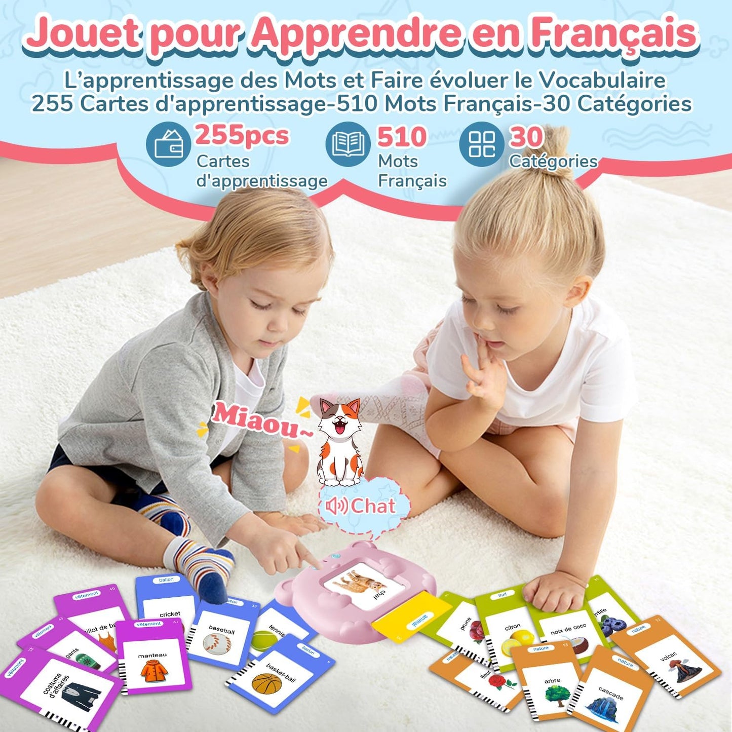 510 Mots Carte Parlante Montessori en Français, Cartes Flash Parlantes Français pour Enfants, Carte Apprentissage Mot Bébé, Jouet Éducatif Enfants pour Cadeau de Fille ou Garcon de 2 à 6 Ans-Rose