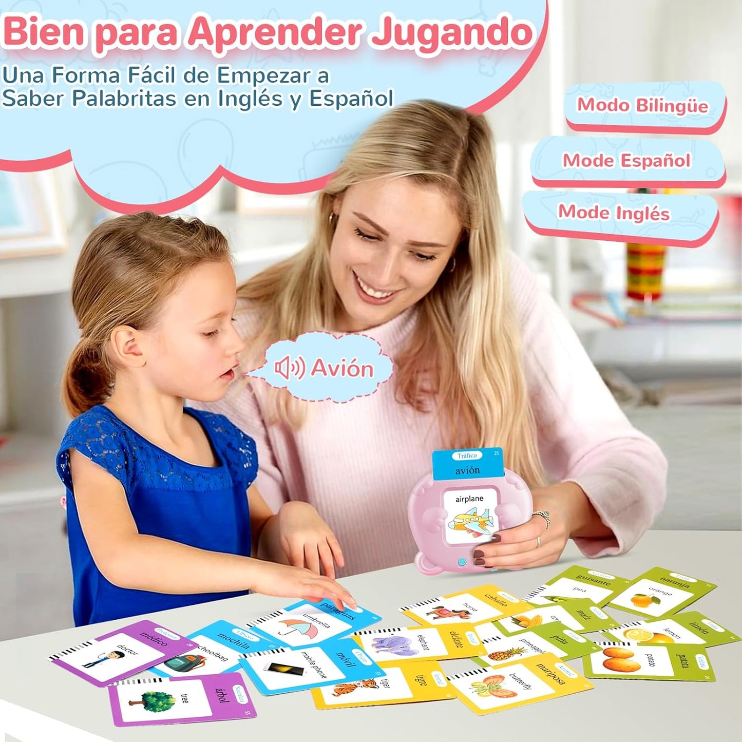 AHJ Tarjetas Flash Parlantes Español, Juegos Educativos Niños 2-6 Años, 112 Hojas, 224 Palabras en Español, Juguete Montessori, 3 Modo de Idioma: Español/Inglés/Bilingüe (Rosa)