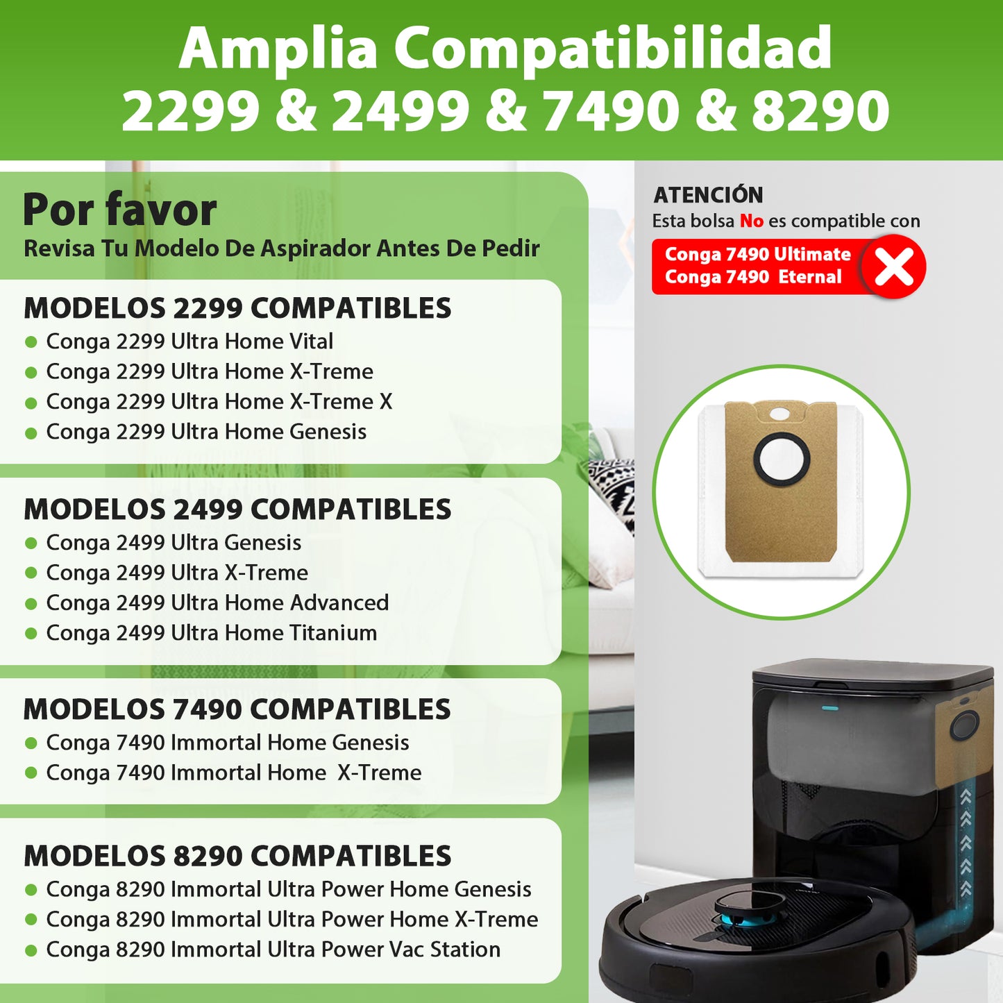 8 Bolsas de Recambio para Conga 2299/2499/7490/8290 Repuestos Recambio 4.5L Compatible con Cecotec Immortal/Ultra Power (Excluye 7490 Ultimate Genesis)