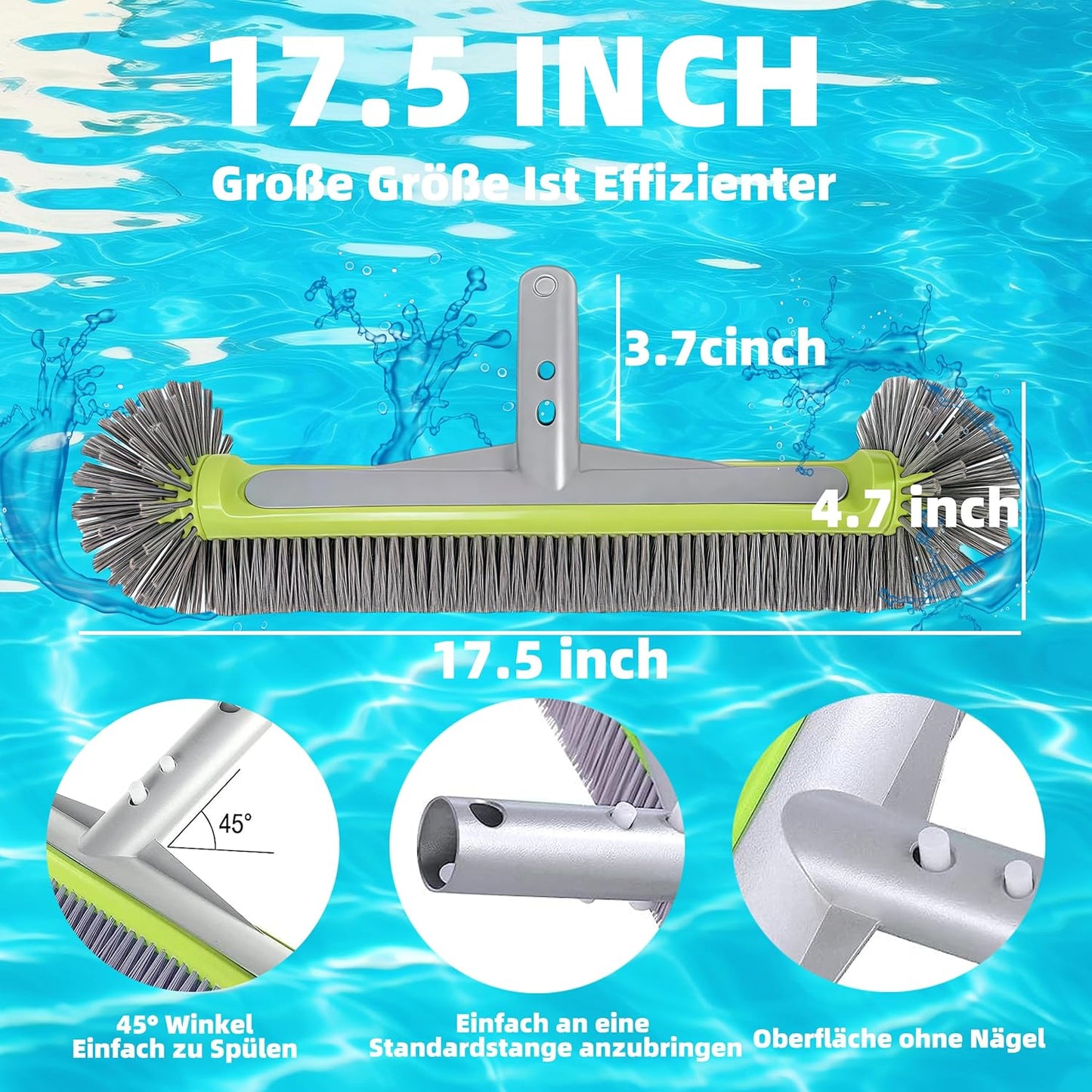 Poolbürste für Folienpool 17,5″, Pool Bürste, Poolbesen, Poolbürste für Folienpool, Poolbürsten, Pool Reinigungsbürste für Schwimmbad Bürste Pool, EZ Clip Aluminiumgriff, Nicht mit Teleskopstange