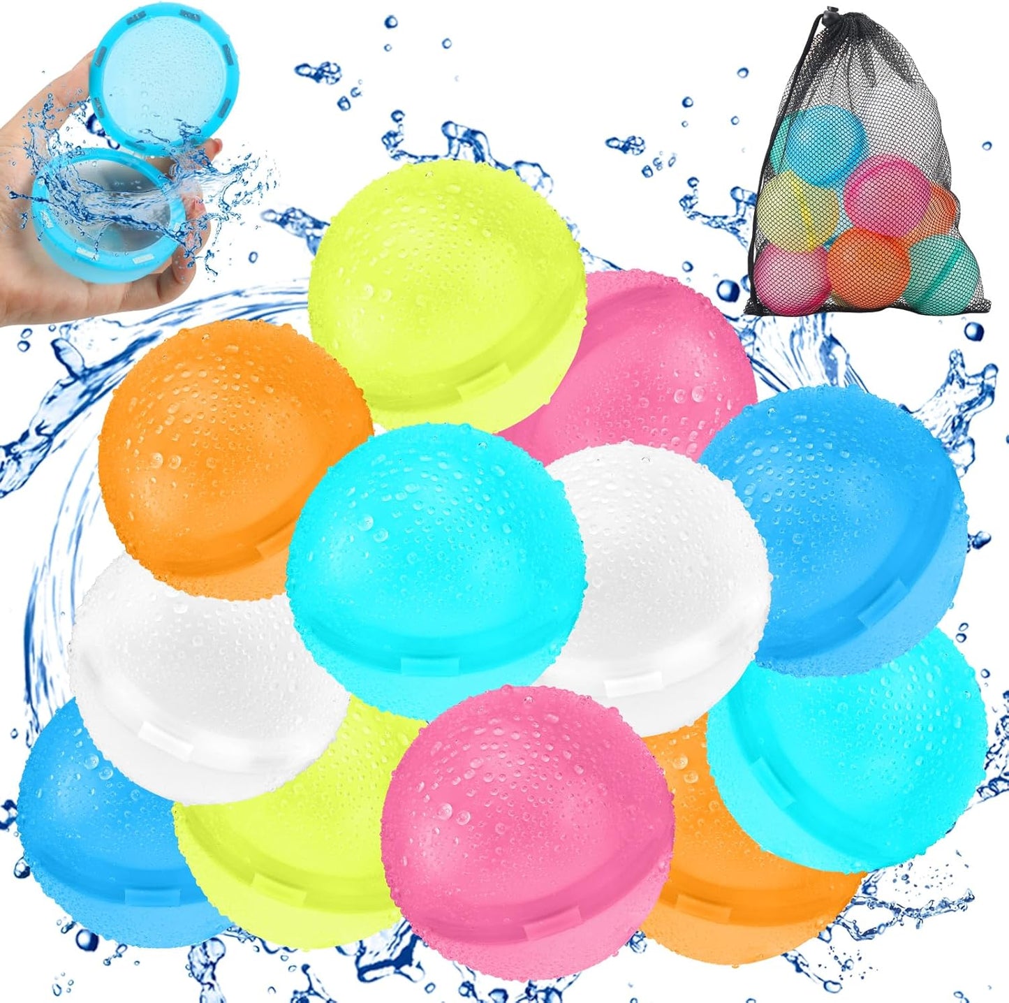 12 Stück Wasserbomben Wiederverwendbar Selbstschließend, Wasserbomben Magnetisch mit 1 Mesh Bag, Eine Sekunde Schnellfüller Wasserballons Set für Wasserspielzeug Pool Spielzeug Strandspielzeug