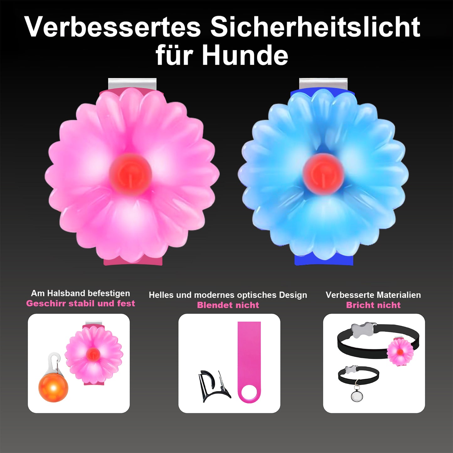AHJ Hundelicht LED Aufladbar 2 Stück, USB-Sicherheits-Leuchtanhänger mit Blinklicht für Hunde & Katzen – kinderleicht an Schulranzen, Geschirr oder Jogger im Dunkeln befestigt（ Rosa-Blau）