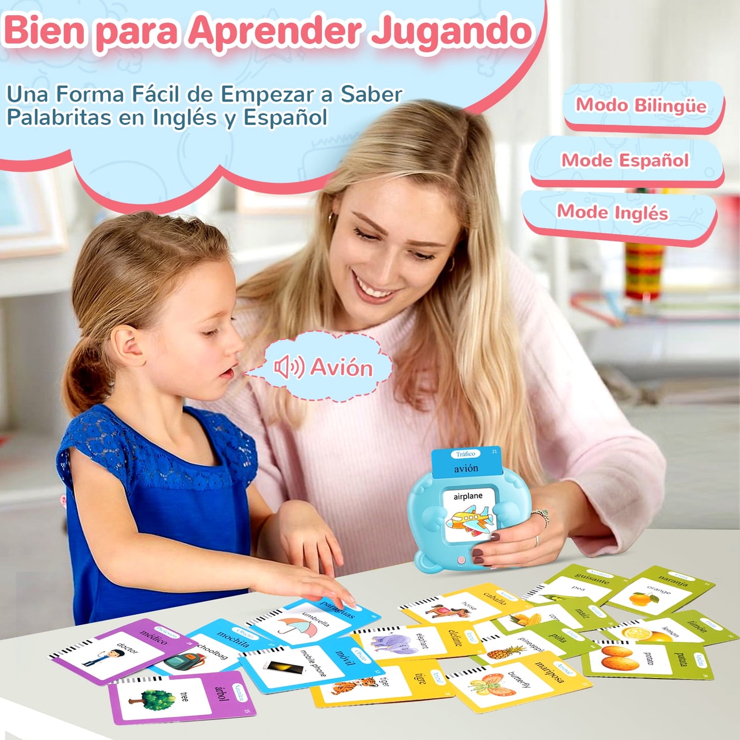 KGC Talking Flash Cards, Kids Toddler Montessori Toys 224 Sight Words, English / English Spanish Blue
