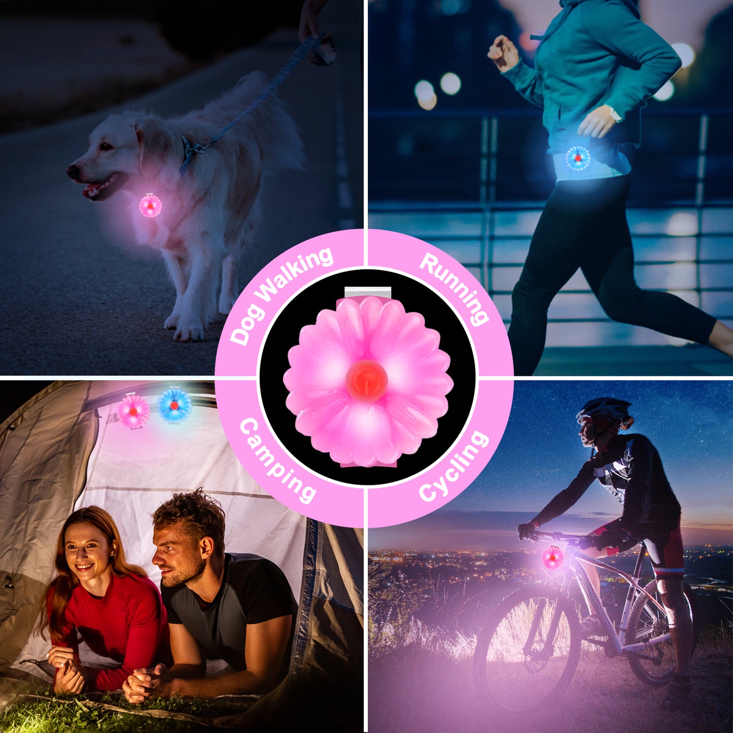 AHJ Hundelicht LED Aufladbar 2 Stück, USB-Sicherheits-Leuchtanhänger mit Blinklicht für Hunde & Katzen – kinderleicht an Schulranzen, Geschirr oder Jogger im Dunkeln befestigt（ Rosa-Blau）