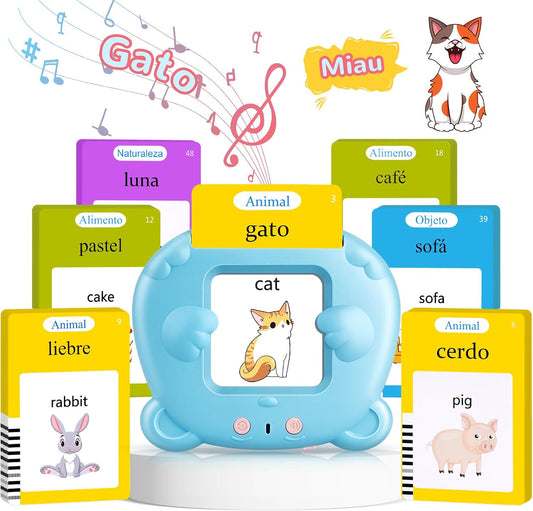 AHJ Tarjetas Flash Parlantes Español, Juegos Educativos Niños 2-6 Años, 112 Hojas, 224 Palabras en Español, Juguete Montessori, 3 Modo de Idioma: Español/Inglés/Bilingüe (Azul)