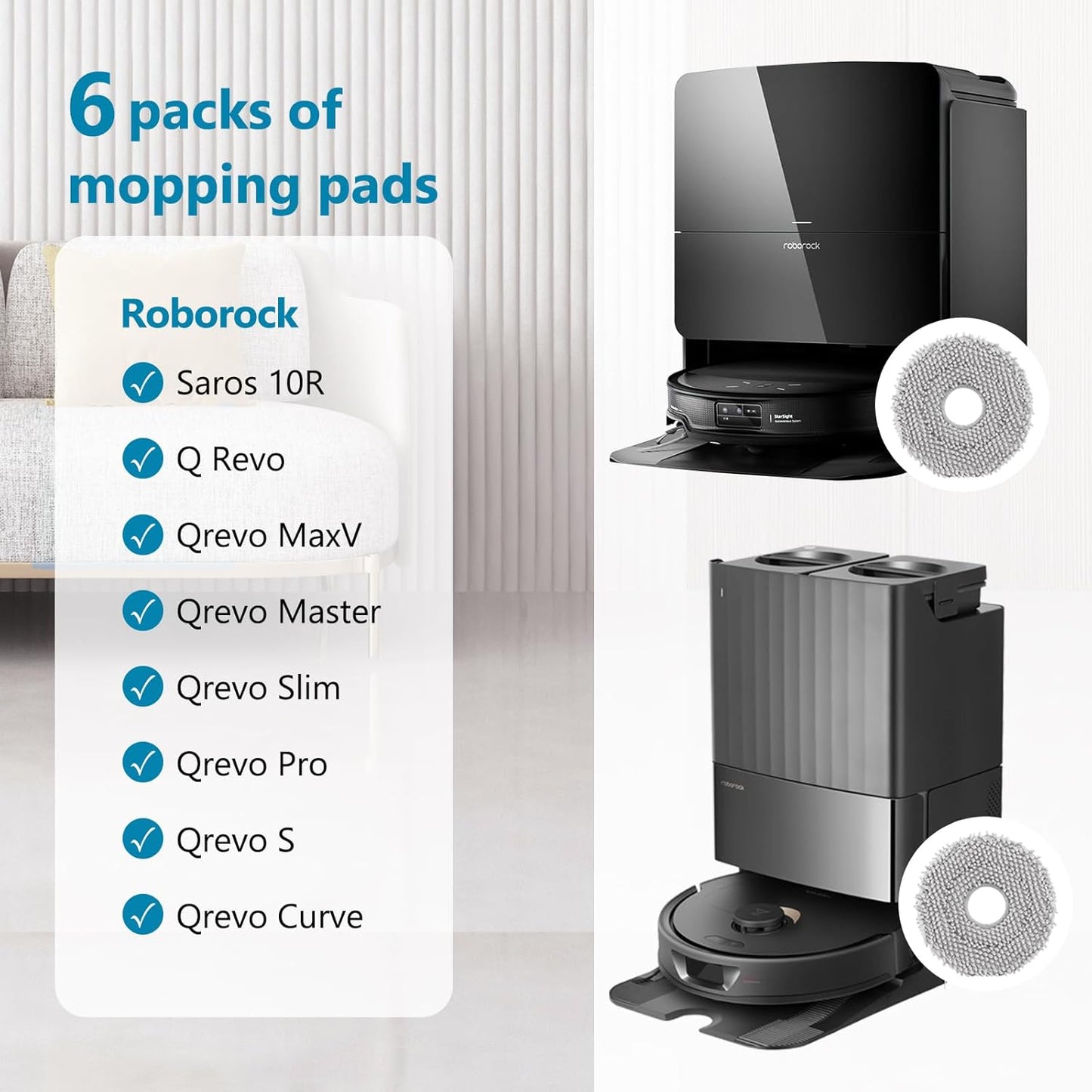 KGC Mop Pads Compatible with Roborock Q Revo/Saros 10R/ Qrevo MaxV/Qrevo S/Qrevo Pro Robot Vacuum Cleaner, Mop Pad Replacement Accessories, Washable Mop Cloths, 6 Pack