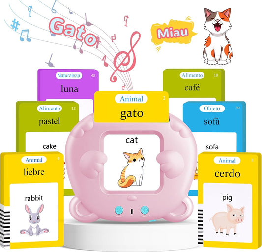 AHJ Tarjetas Flash Parlantes Español, Juegos Educativos Niños 2-6 Años, 112 Hojas, 224 Palabras en Español, Juguete Montessori, 3 Modo de Idioma: Español/Inglés/Bilingüe (Rosa)