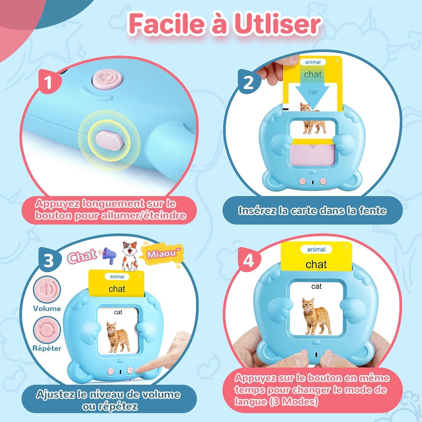 Carte Flash Parlante Francais, Carte Educative Francais, Carte Parlante Montessori Francais Pour Enfant, Jouets Educatifs Pour Apprendre a Parler, Apprendre 224 Mots, Français/Anglais/Bilingue