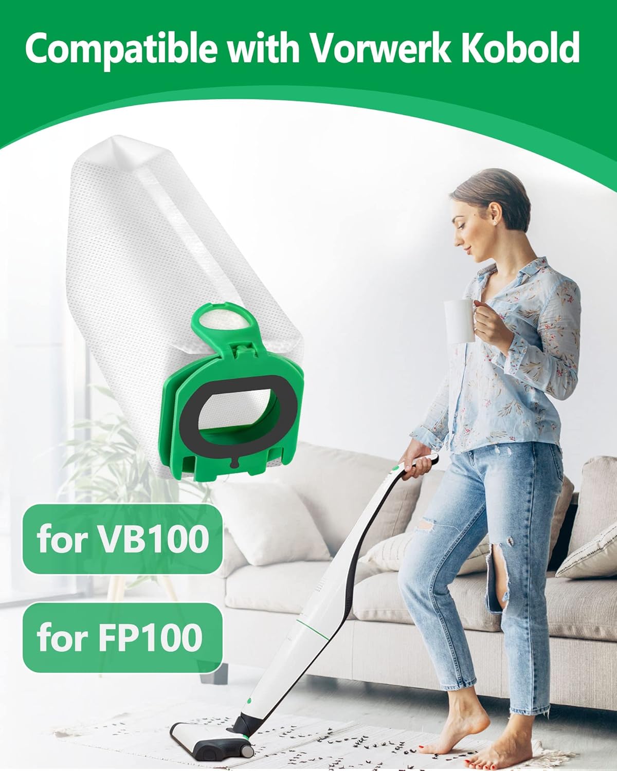ROMIVO Pack of 12 Vacuum Cleaner Bags Compatible with Vorwerk Kobold VB100 FP100 VB 100 FP 100, Premium Filter Bags Replacement Dust Bags for Kobold VB100 Vacuum Cleaner Bags