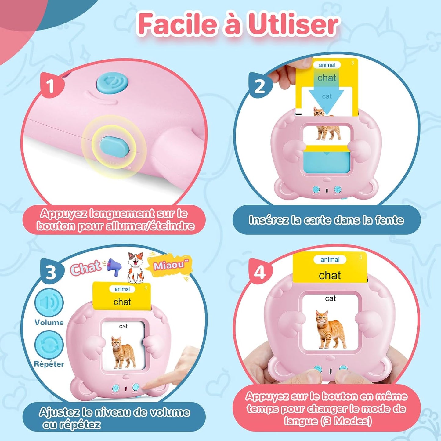 Cartes Flash Parlantes (Français Standard), Carte éducatif Jouet Pour Enfants de 2 à 6 Ans, Carte Apprentissage Mot Bébé, 3 Mode de Langue-Français/Anglais/Bilingue (Rose)