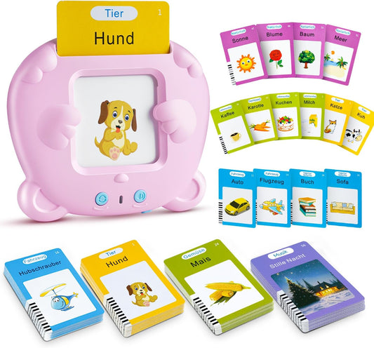AHJ Sprechende Lernkarten Deutsch, 112 Blätter 224 Wörter, Flash Karten, Interaktives Sprachspiele für Kinder Ab 2-6 Jahr - Rosa