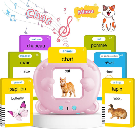 Cartes Flash Parlantes (Français Standard), Carte éducatif Jouet Pour Enfants de 2 à 6 Ans, Carte Apprentissage Mot Bébé, 3 Mode de Langue-Français/Anglais/Bilingue (Rose)