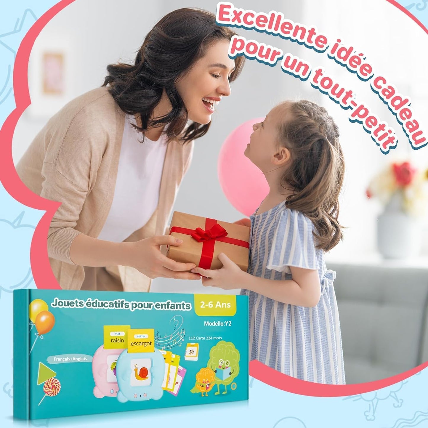 Cartes Flash Parlantes (Français Standard), Carte éducatif Jouet Pour Enfants de 2 à 6 Ans, Carte Apprentissage Mot Bébé, 3 Mode de Langue-Français/Anglais/Bilingue (Rose)