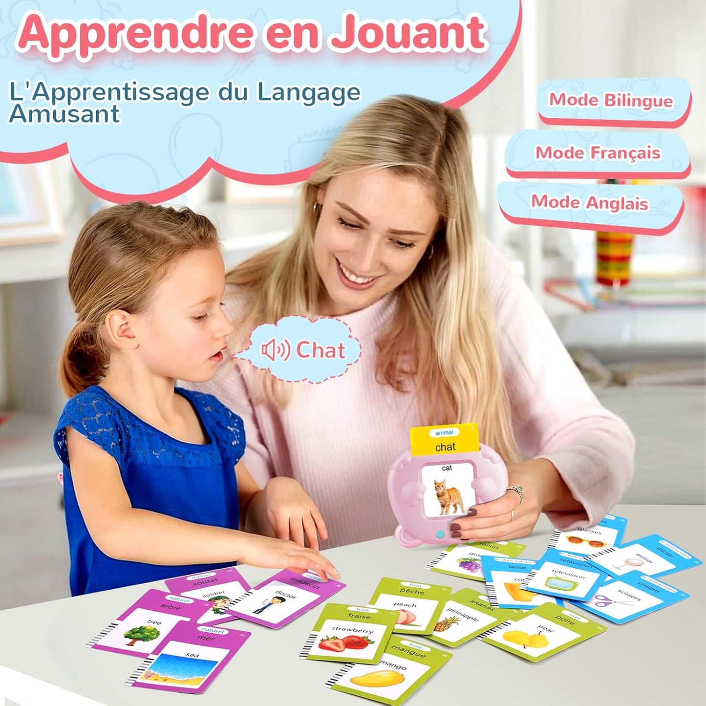 Cartes Flash Parlantes (Français Standard), Carte éducatif Jouet Pour Enfants de 2 à 6 Ans, Carte Apprentissage Mot Bébé, 3 Mode de Langue-Français/Anglais/Bilingue (Rose)