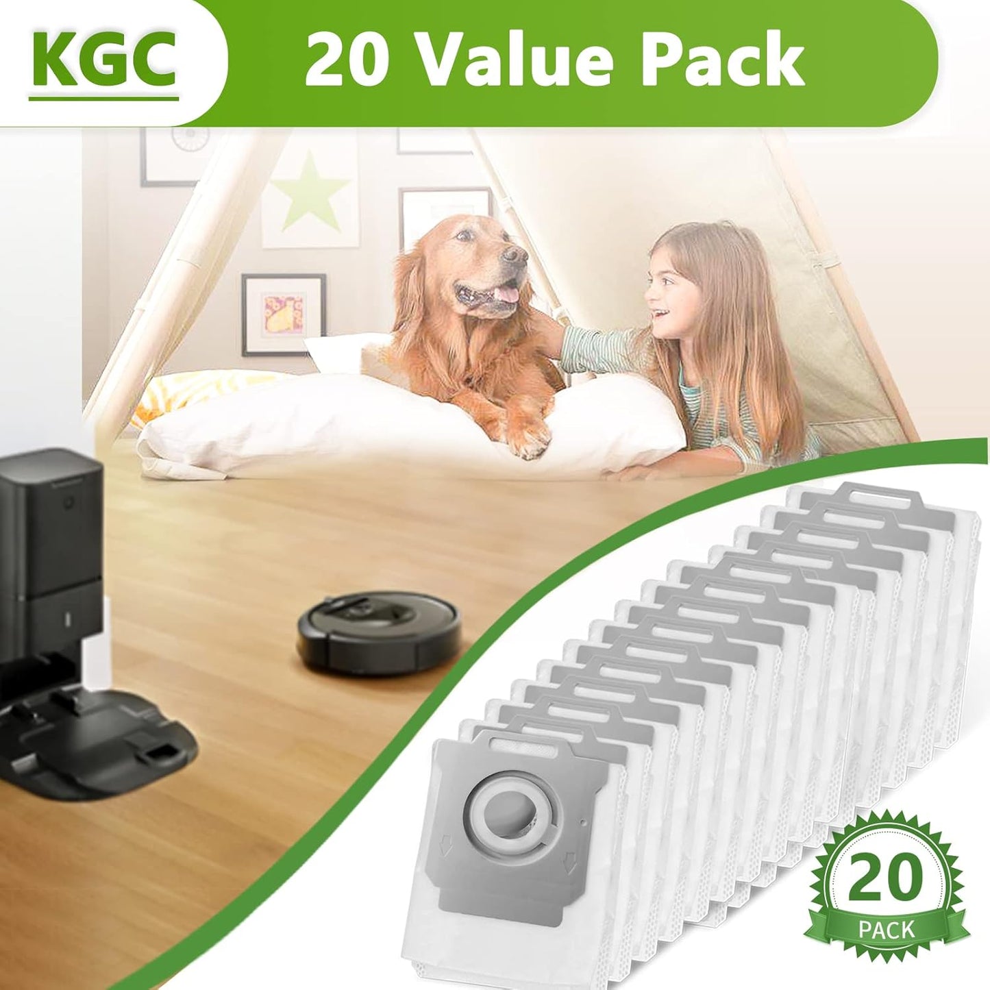KGC 20 Pack Vacuum Bags Compatible with iRobot Roomba i & s & j Series, Replacement for iRobot Roomba i3+(3550) i4+(4552) i6+(6550) i7+ i7Plus j7+(7550) i8+(8550) s9 s9+(9550) Vacuum with Automatic
