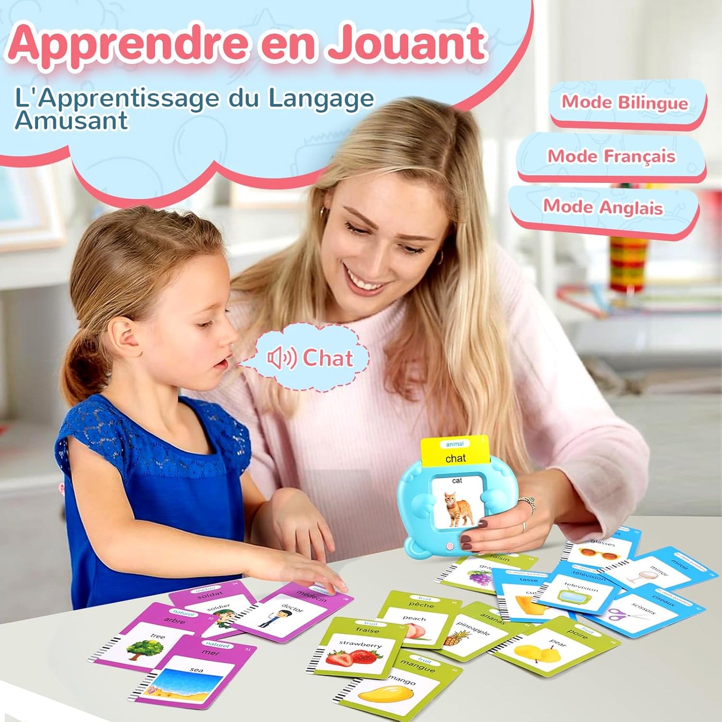 Carte Flash Parlante Francais, Carte Educative Francais, Carte Parlante Montessori Francais Pour Enfant, Jouets Educatifs Pour Apprendre a Parler, Apprendre 224 Mots, Français/Anglais/Bilingue