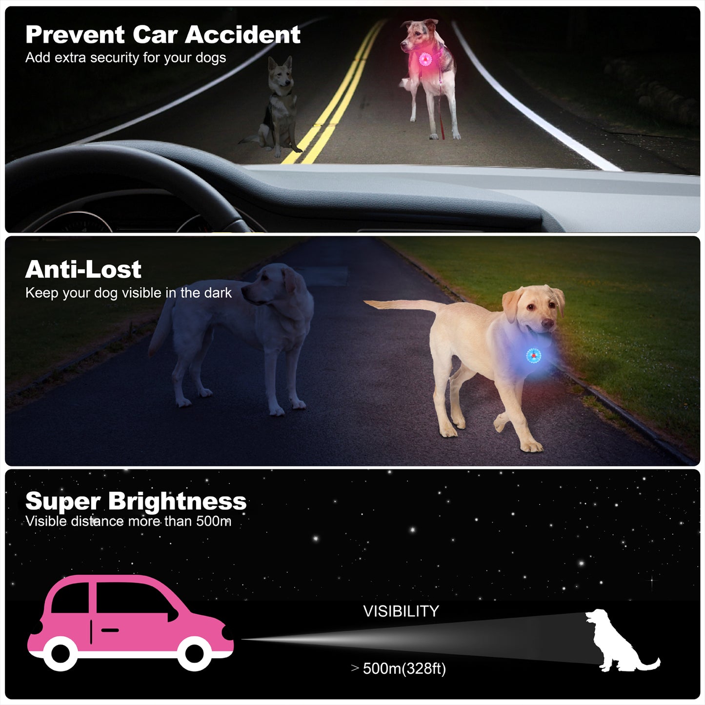 AHJ Hundelicht LED Aufladbar 2 Stück, USB-Sicherheits-Leuchtanhänger mit Blinklicht für Hunde & Katzen – kinderleicht an Schulranzen, Geschirr oder Jogger im Dunkeln befestigt（ Rosa-Blau）